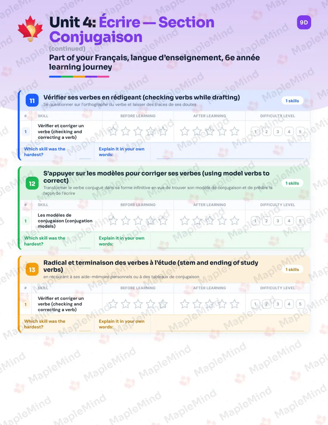 Page 31 of 84 from the Français, langue d’enseignement, 6e année Quebec Course Companion — skills tracker with before and after self-assessment