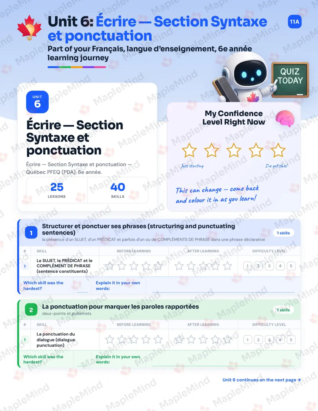 Page 41 of 84 from the Français, langue d’enseignement, 6e année Quebec Course Companion — skills tracker with before and after self-assessment