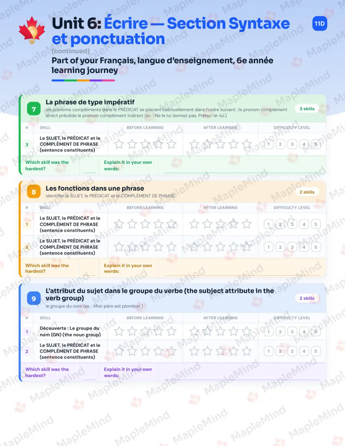 Page 44 of 84 from the Français, langue d’enseignement, 6e année Quebec Course Companion — skills tracker with before and after self-assessment