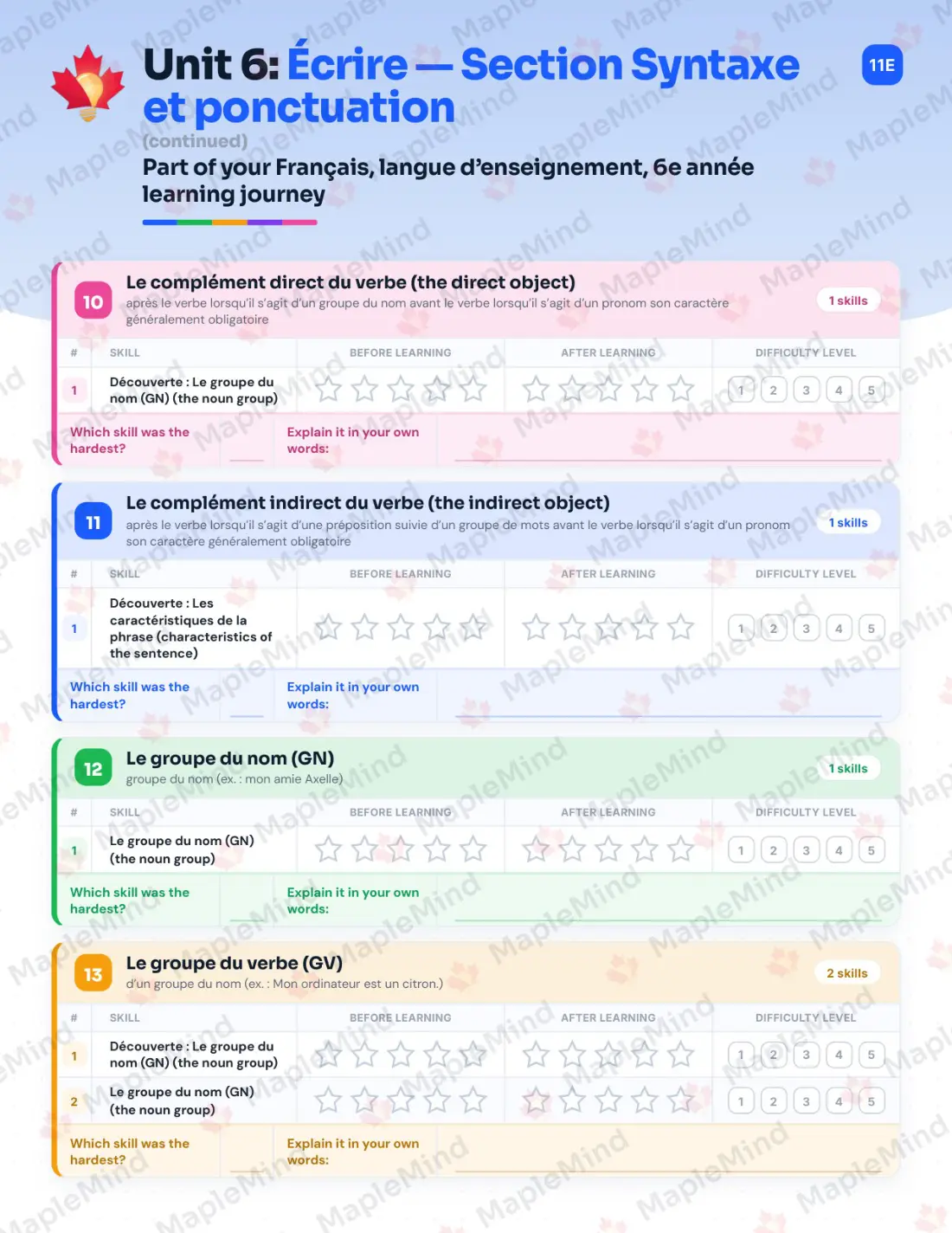 Page 45 of 84 from the Français, langue d’enseignement, 6e année Quebec Course Companion — skills tracker with before and after self-assessment