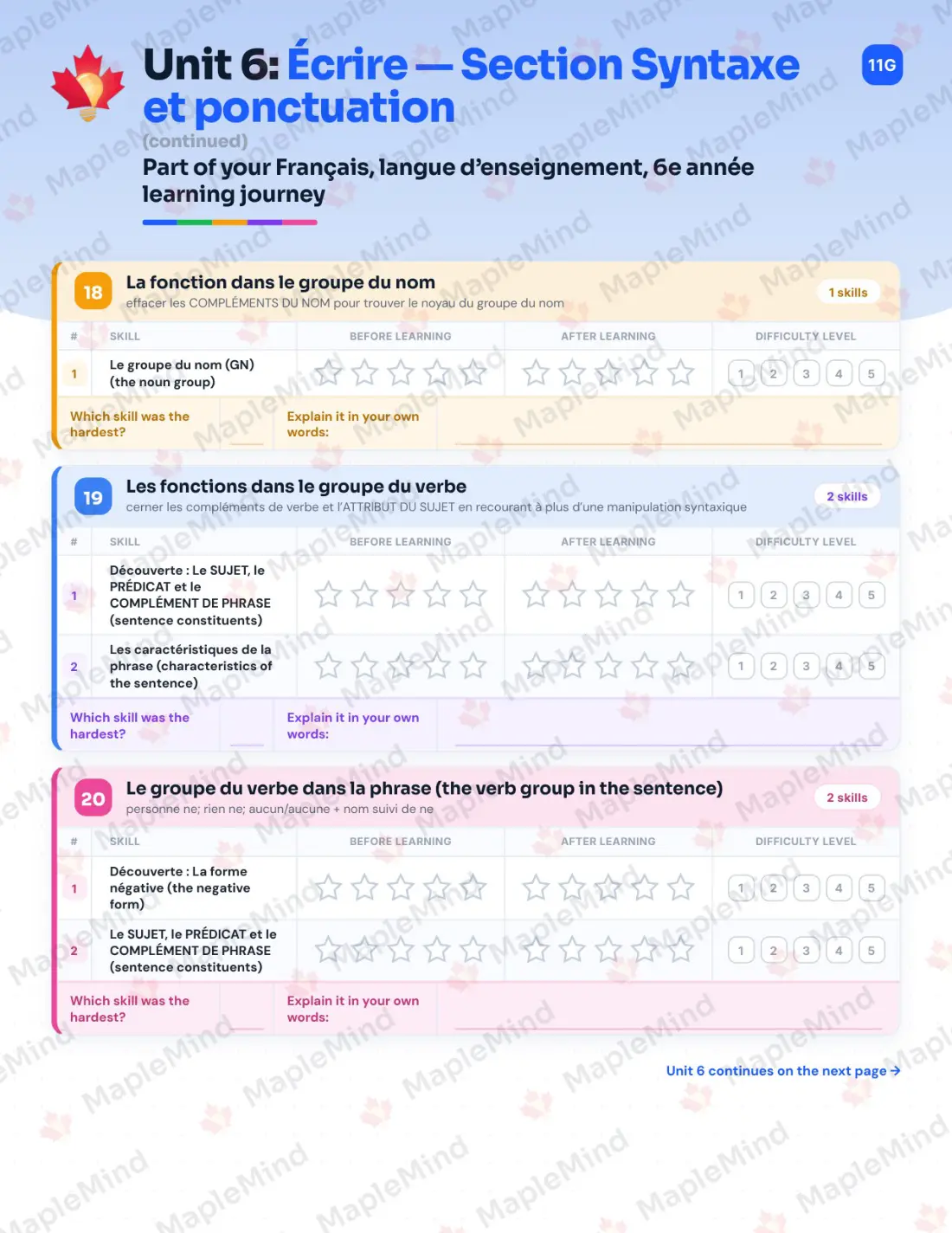 Page 47 of 84 from the Français, langue d’enseignement, 6e année Quebec Course Companion — skills tracker with before and after self-assessment