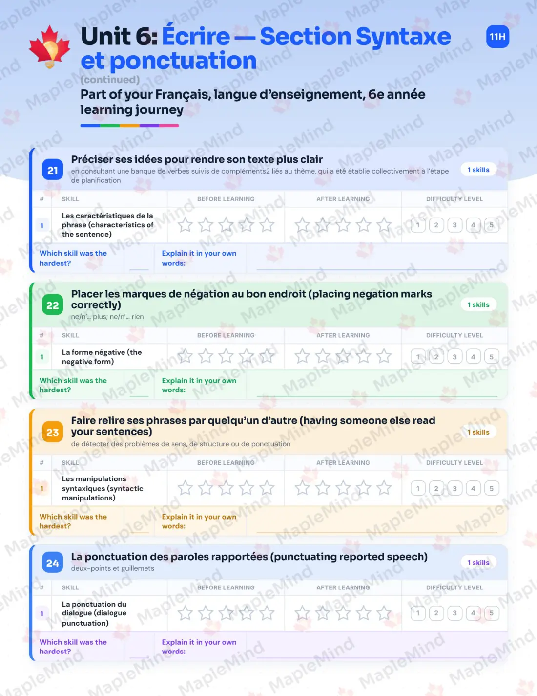 Page 48 of 84 from the Français, langue d’enseignement, 6e année Quebec Course Companion — skills tracker with before and after self-assessment