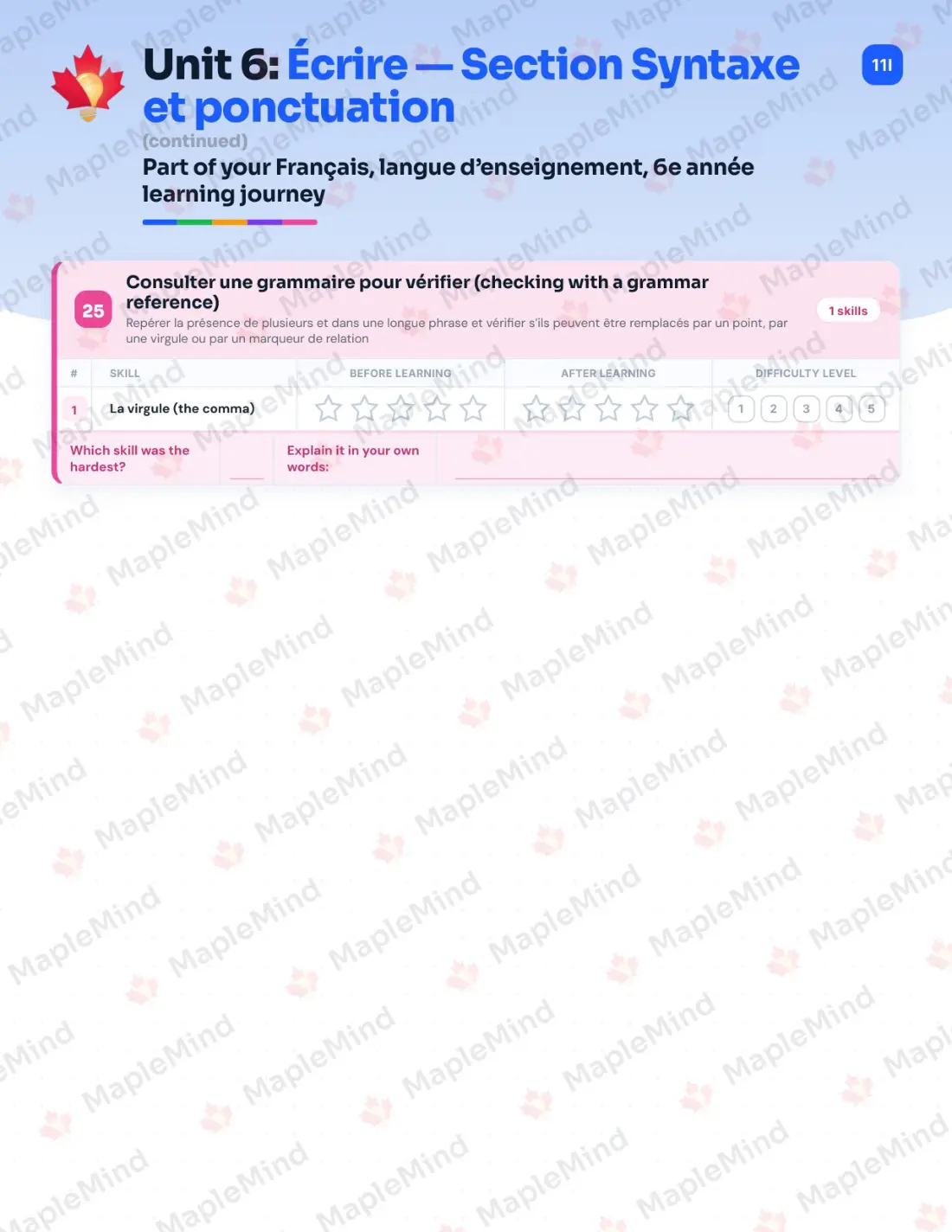 Page 49 of 84 from the Français, langue d’enseignement, 6e année Quebec Course Companion — skills tracker with before and after self-assessment
