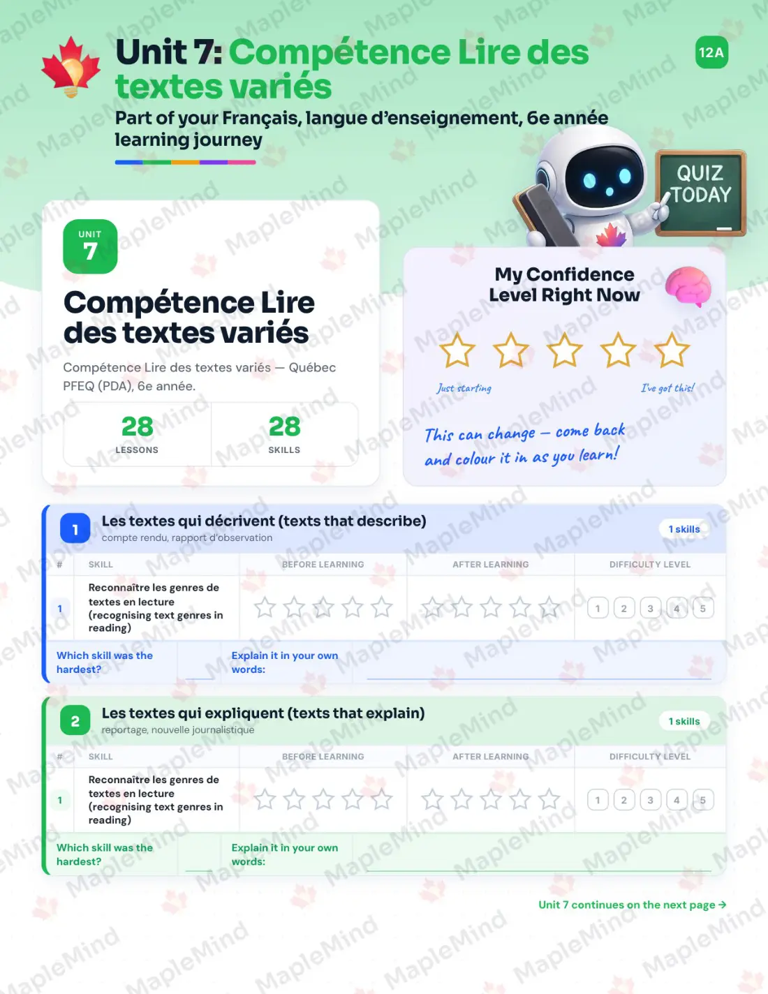 Page 52 of 84 from the Français, langue d’enseignement, 6e année Quebec Course Companion — skills tracker with before and after self-assessment