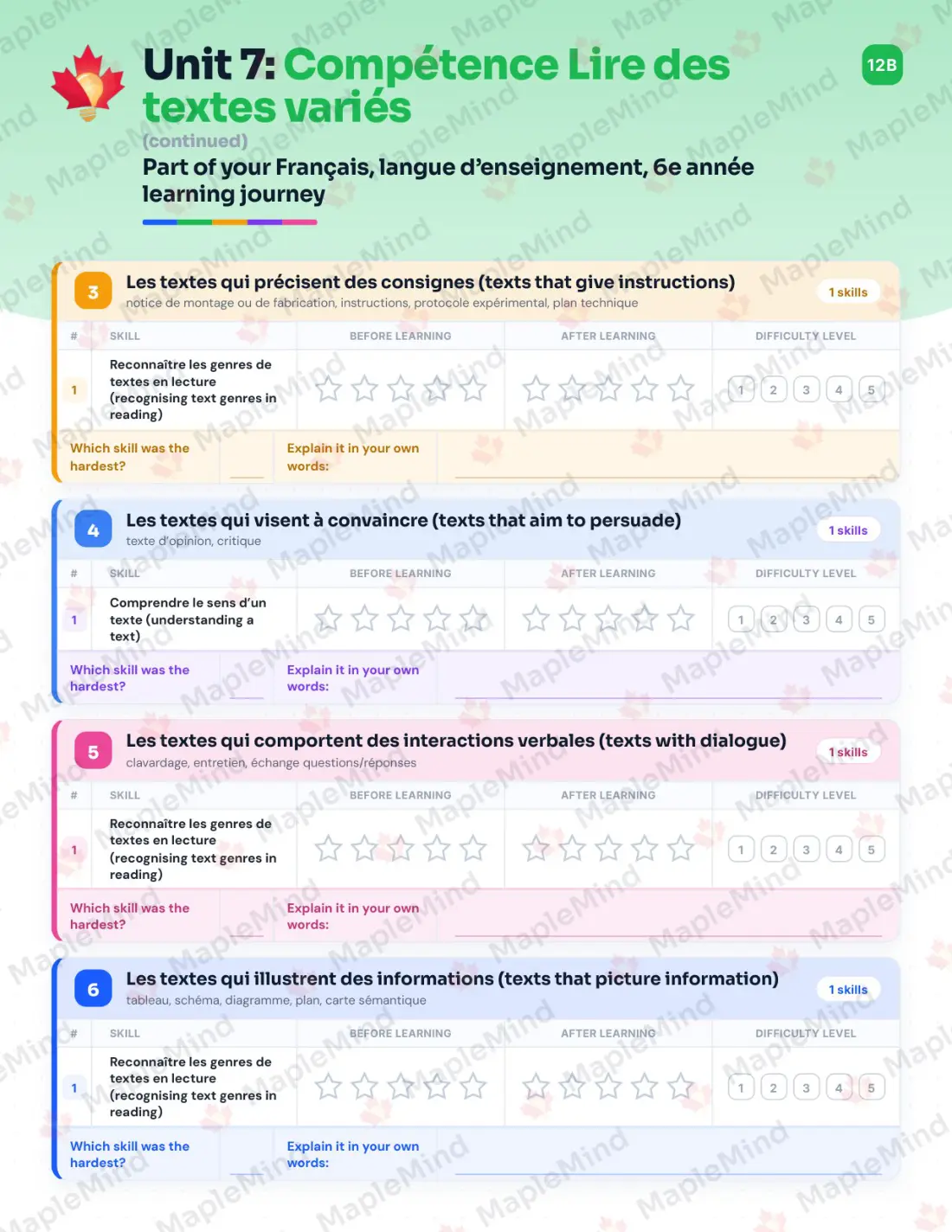 Page 53 of 84 from the Français, langue d’enseignement, 6e année Quebec Course Companion — skills tracker with before and after self-assessment