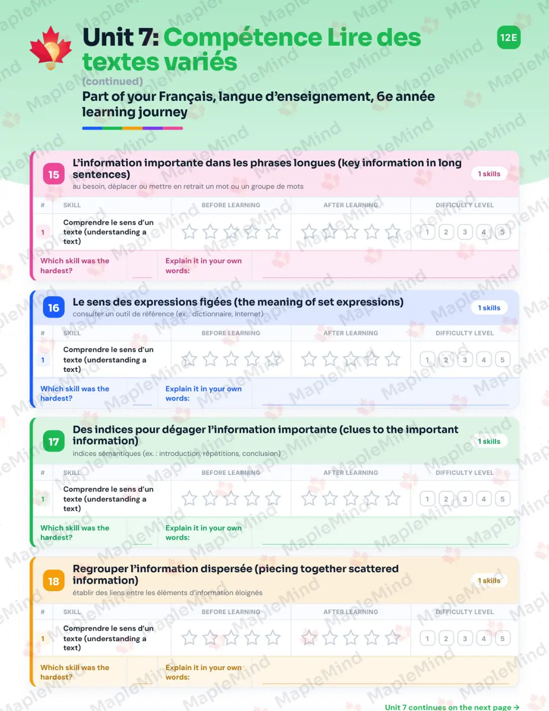 Page 56 of 84 from the Français, langue d’enseignement, 6e année Quebec Course Companion — skills tracker with before and after self-assessment