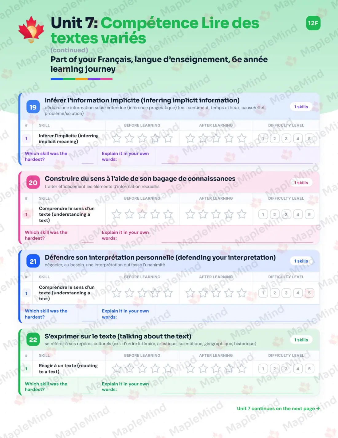 Page 57 of 84 from the Français, langue d’enseignement, 6e année Quebec Course Companion — skills tracker with before and after self-assessment
