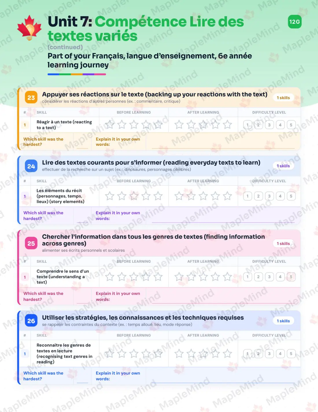 Page 58 of 84 from the Français, langue d’enseignement, 6e année Quebec Course Companion — skills tracker with before and after self-assessment