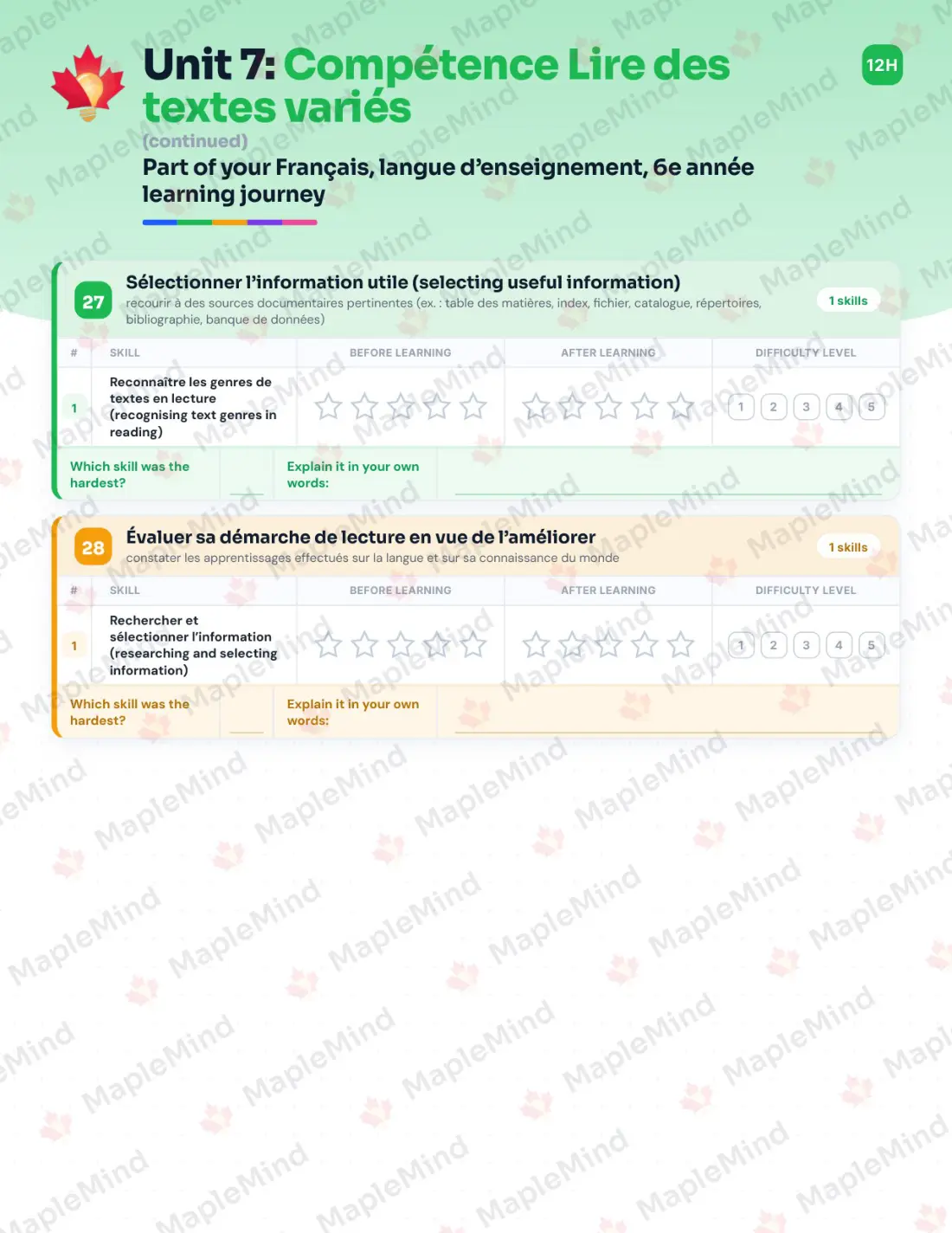 Page 59 of 84 from the Français, langue d’enseignement, 6e année Quebec Course Companion — skills tracker with before and after self-assessment