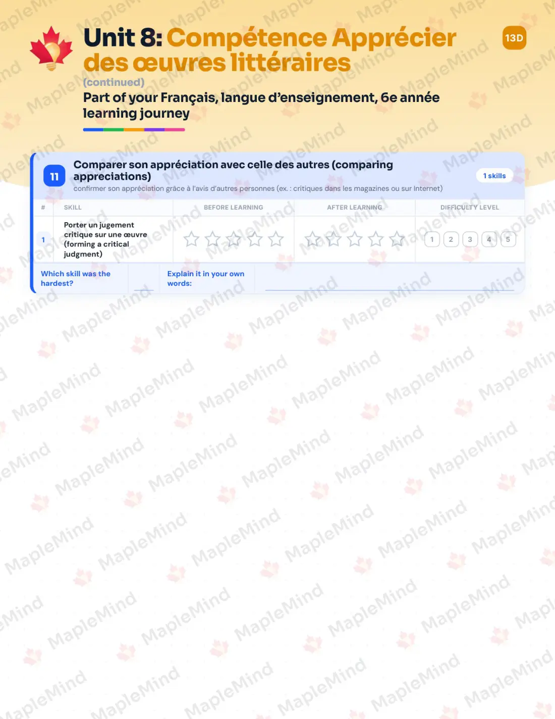 Page 65 of 84 from the Français, langue d’enseignement, 6e année Quebec Course Companion — skills tracker with before and after self-assessment