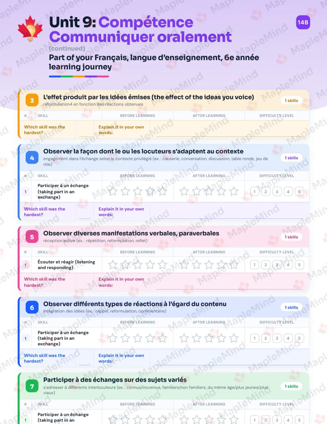 Page 69 of 84 from the Français, langue d’enseignement, 6e année Quebec Course Companion — skills tracker with before and after self-assessment
