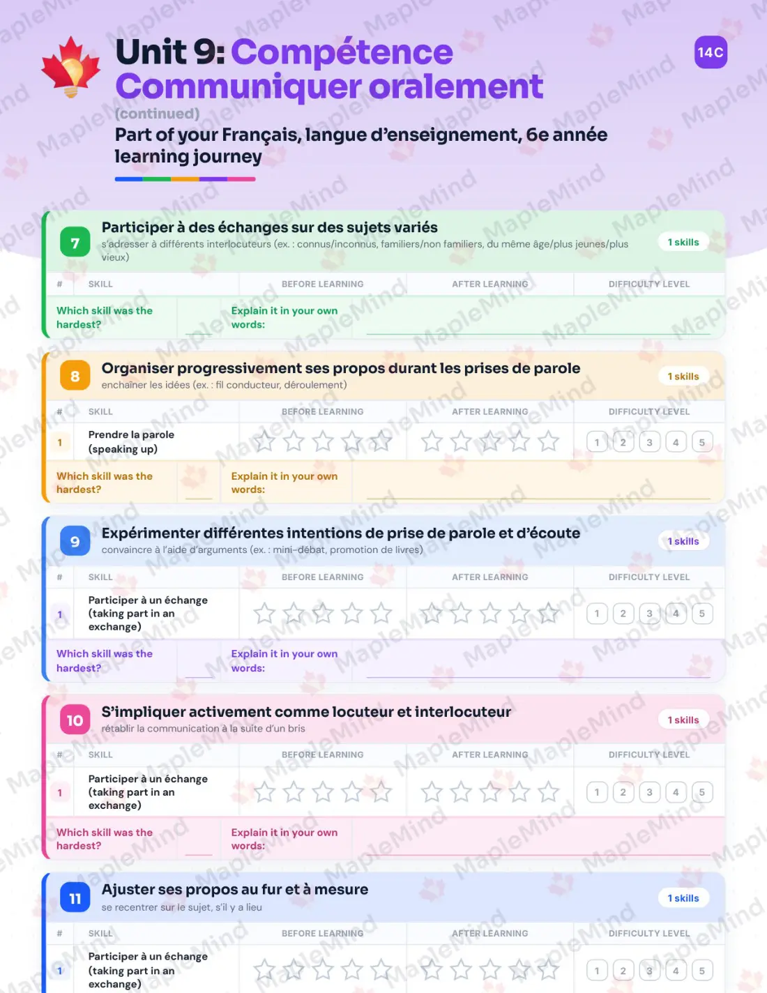 Page 70 of 84 from the Français, langue d’enseignement, 6e année Quebec Course Companion — skills tracker with before and after self-assessment