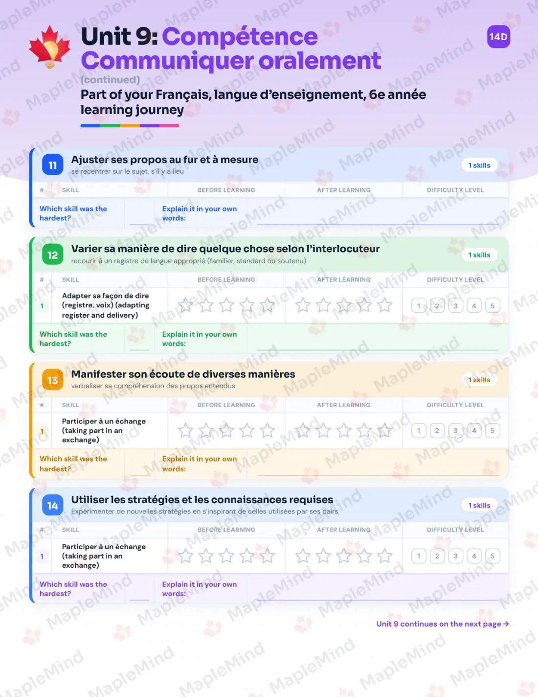 Page 71 of 84 from the Français, langue d’enseignement, 6e année Quebec Course Companion — skills tracker with before and after self-assessment