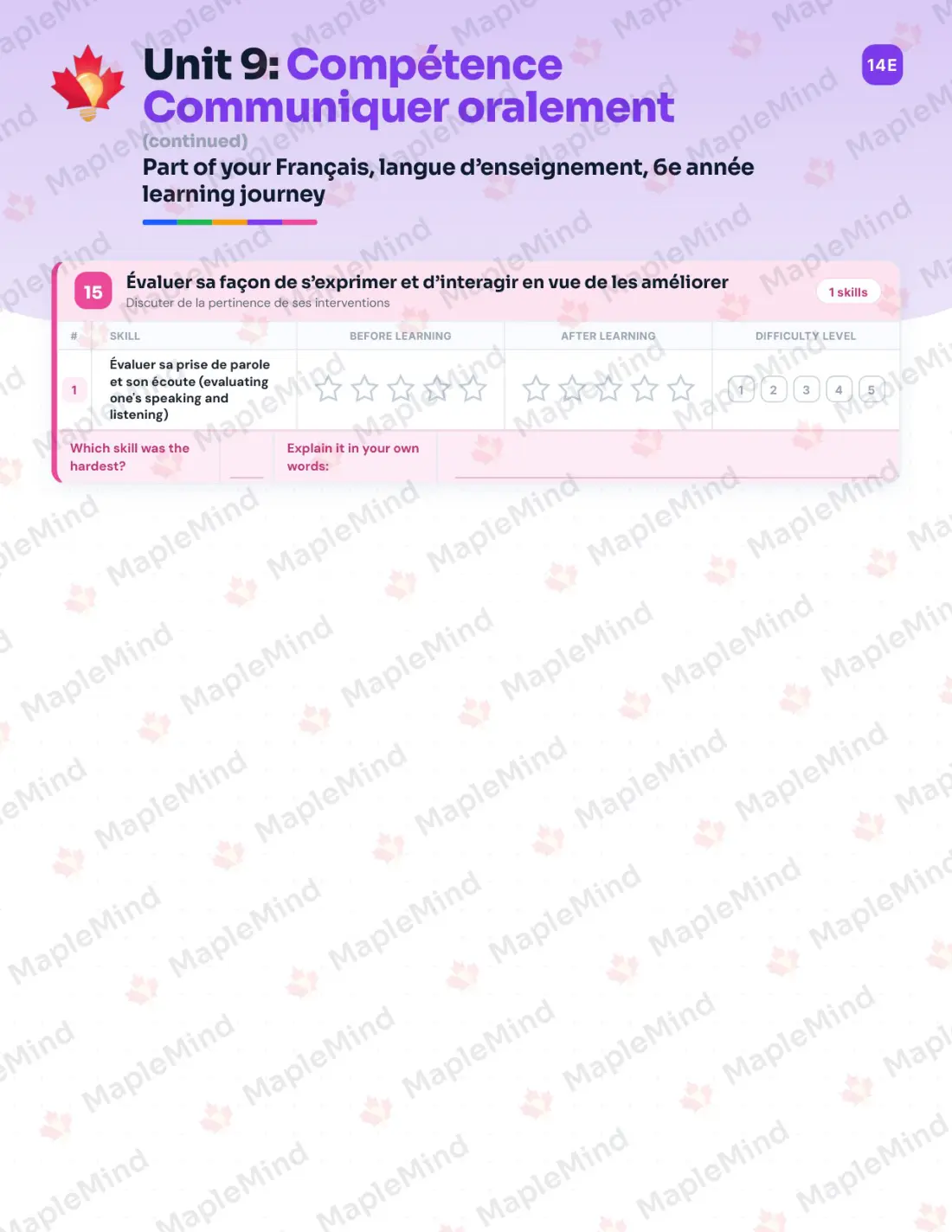 Page 72 of 84 from the Français, langue d’enseignement, 6e année Quebec Course Companion — skills tracker with before and after self-assessment