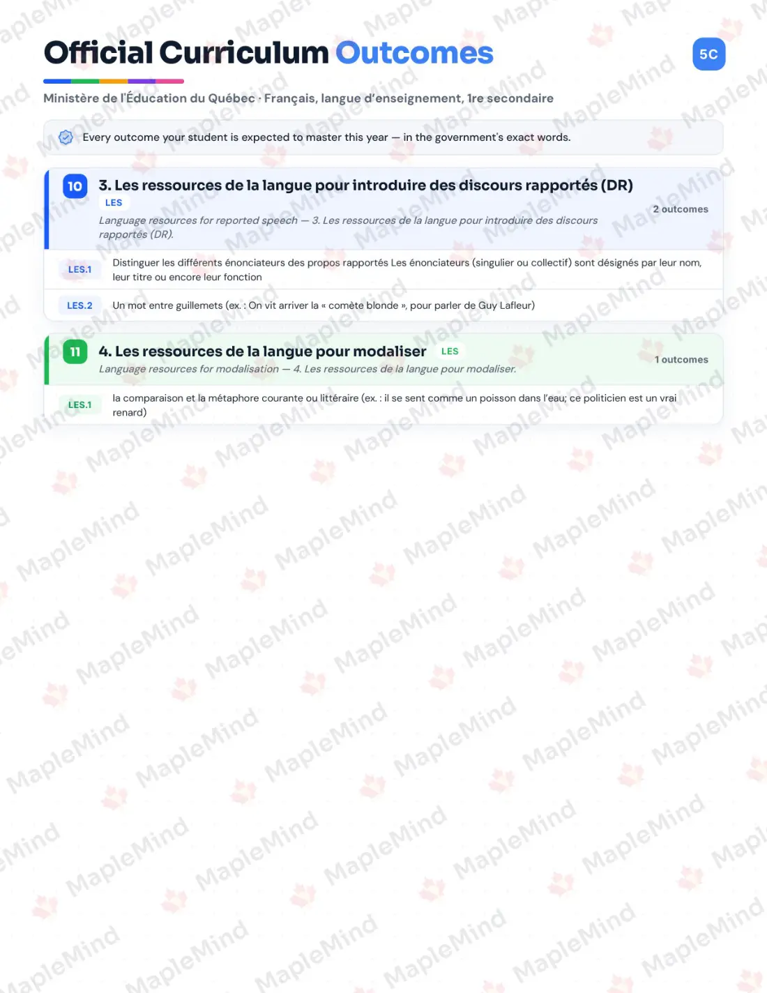 Page 7 of 67 from the Français, langue d’enseignement, 1re secondaire Quebec Course Companion — skills tracker with before and after self-assessment