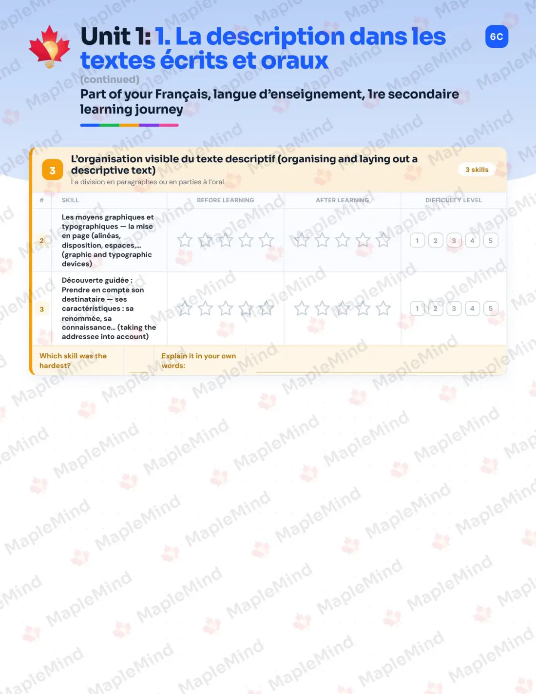 Page 10 of 67 from the Français, langue d’enseignement, 1re secondaire Quebec Course Companion — skills tracker with before and after self-assessment