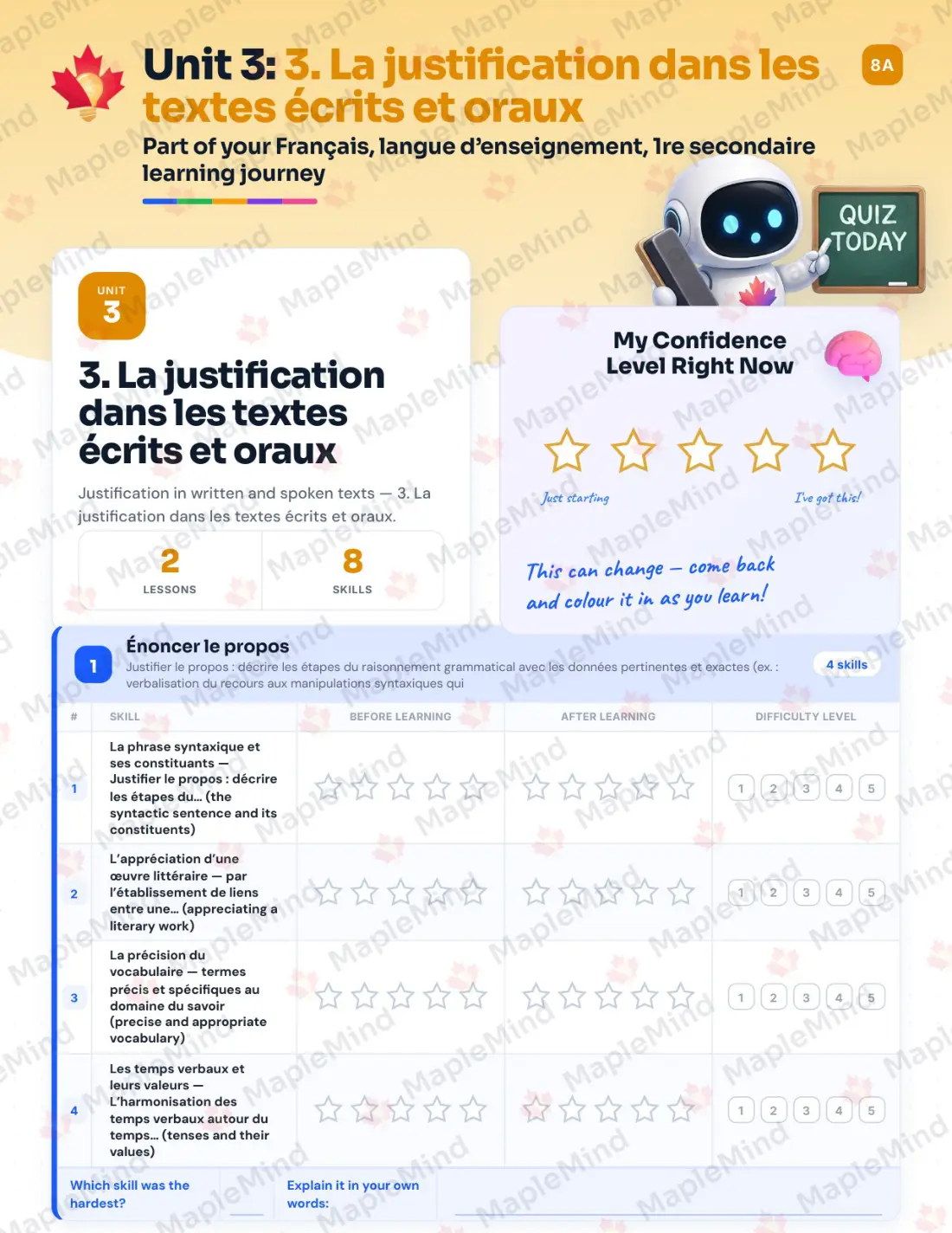 Page 16 of 67 from the Français, langue d’enseignement, 1re secondaire Quebec Course Companion — skills tracker with before and after self-assessment