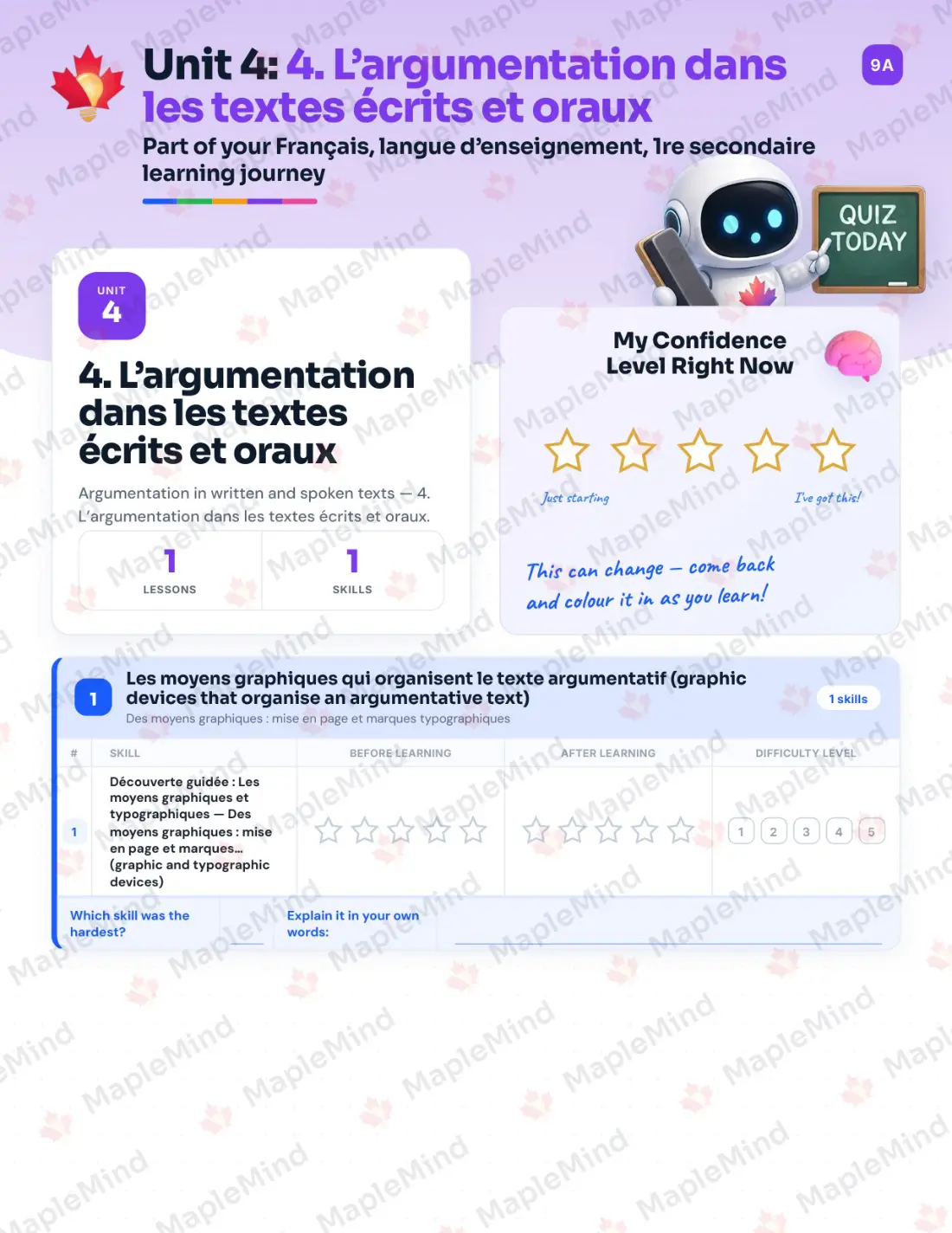 Page 20 of 67 from the Français, langue d’enseignement, 1re secondaire Quebec Course Companion — skills tracker with before and after self-assessment
