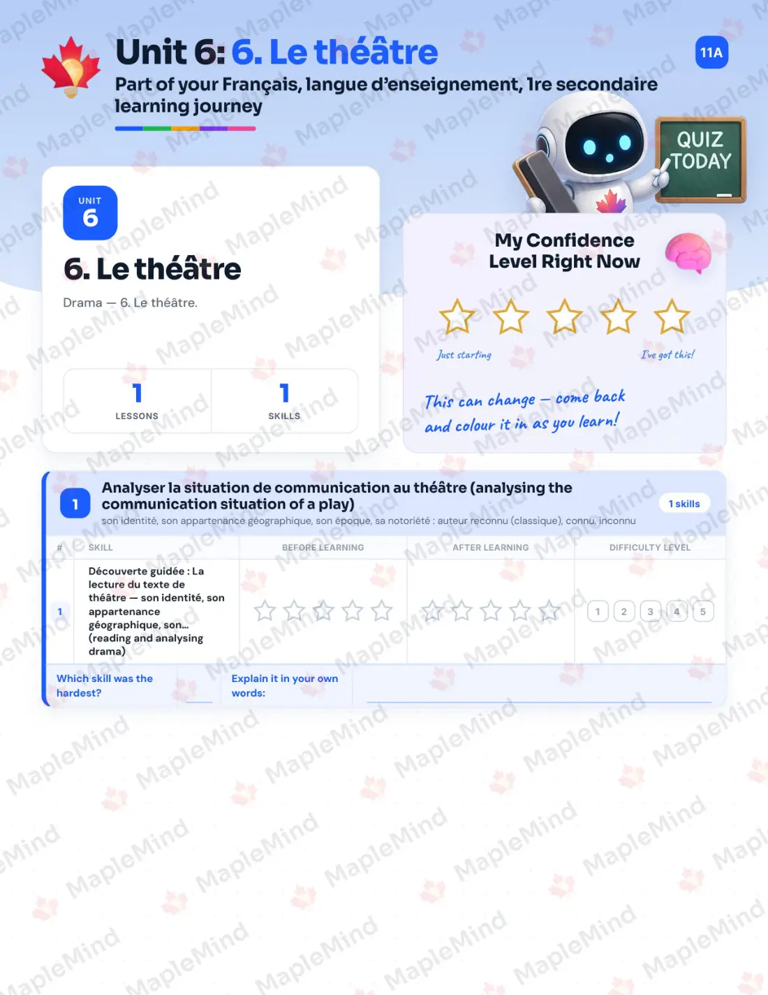 Page 28 of 67 from the Français, langue d’enseignement, 1re secondaire Quebec Course Companion — skills tracker with before and after self-assessment
