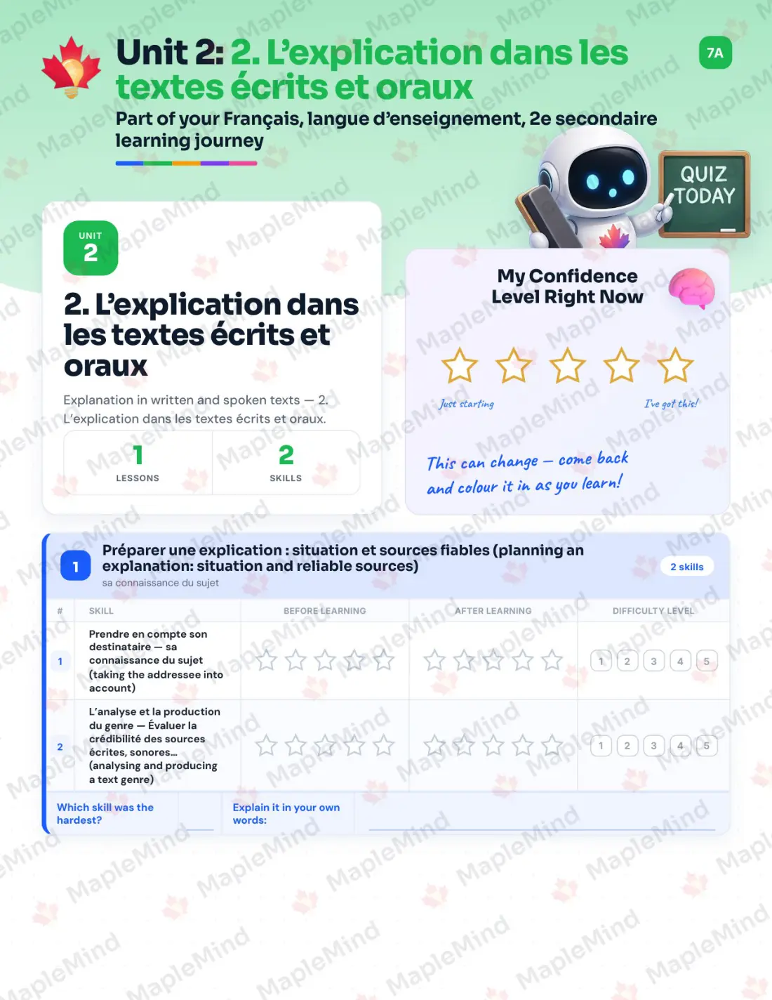 Page 11 of 57 from the Français, langue d’enseignement, 2e secondaire Quebec Course Companion — skills tracker with before and after self-assessment