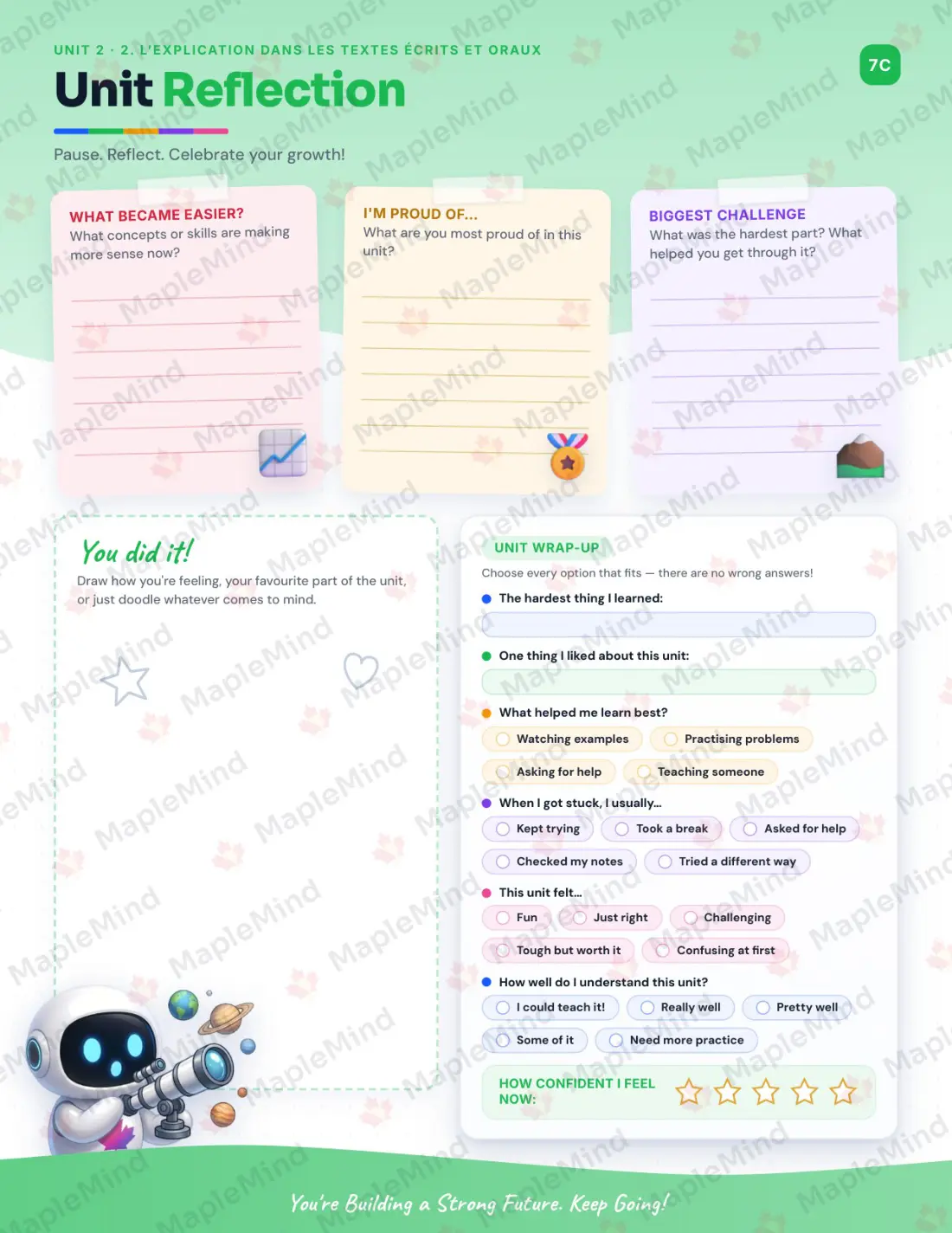 Page 13 of 57 from the Français, langue d’enseignement, 2e secondaire Quebec Course Companion — skills tracker with before and after self-assessment
