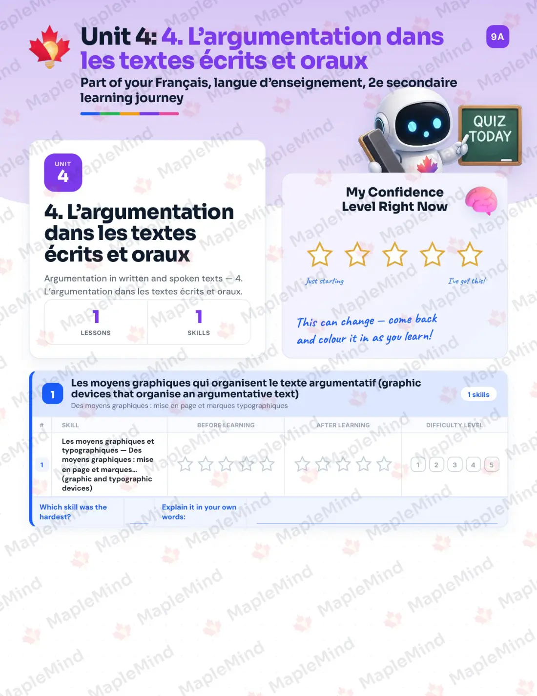 Page 18 of 57 from the Français, langue d’enseignement, 2e secondaire Quebec Course Companion — skills tracker with before and after self-assessment
