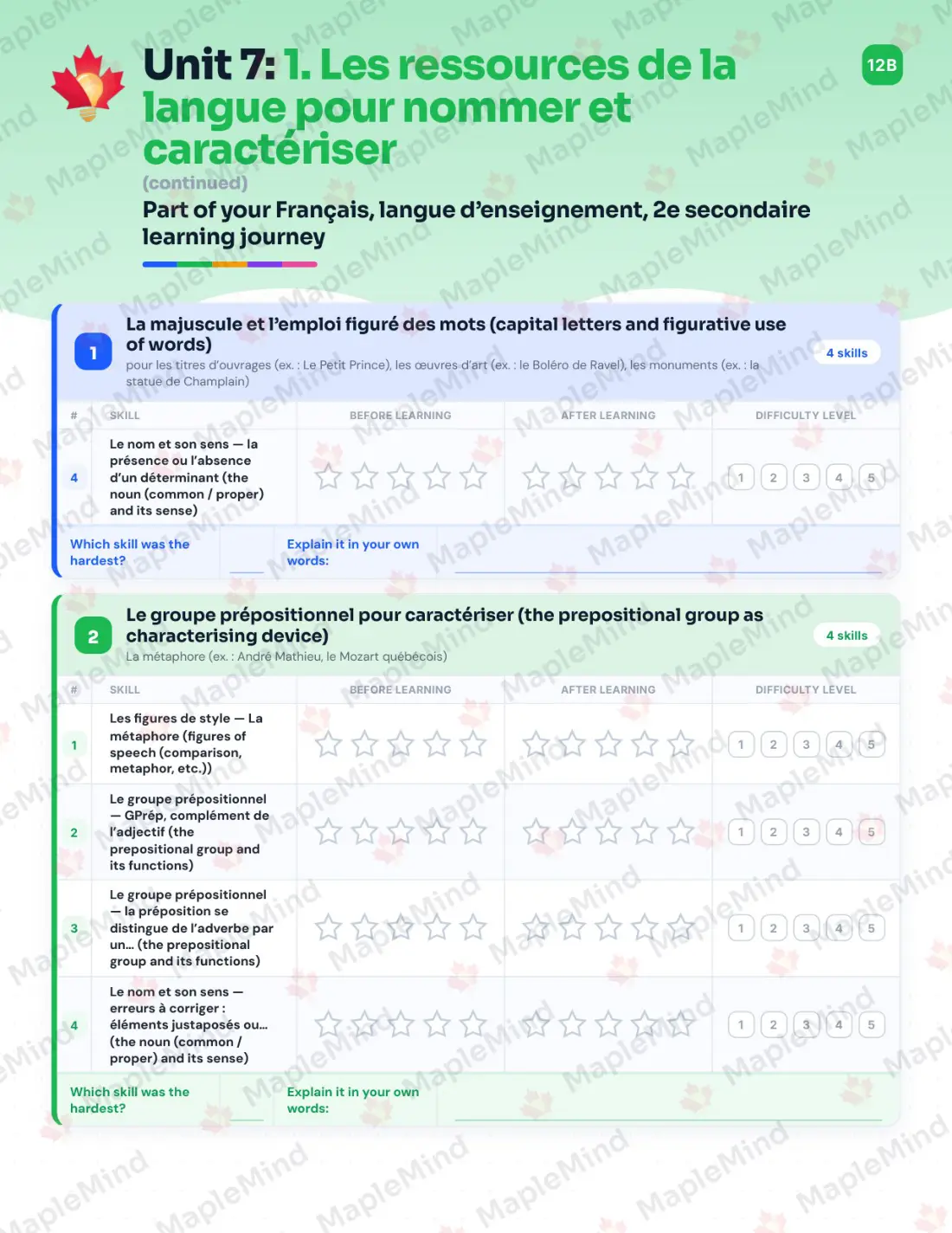 Page 30 of 57 from the Français, langue d’enseignement, 2e secondaire Quebec Course Companion — skills tracker with before and after self-assessment