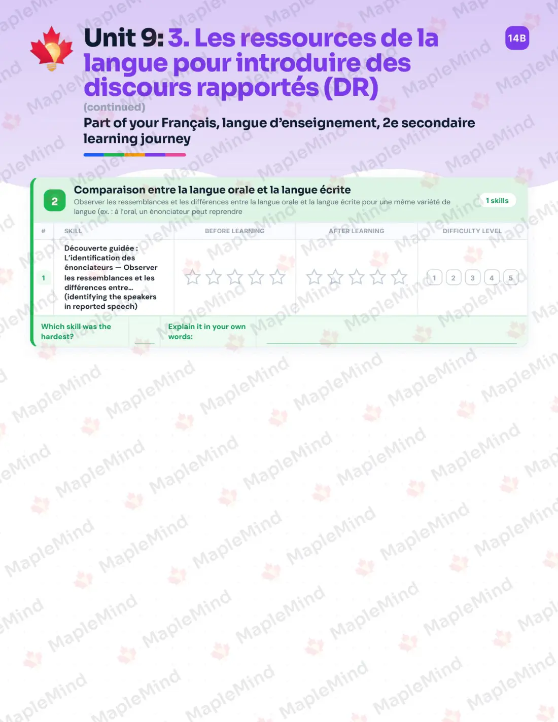 Page 41 of 57 from the Français, langue d’enseignement, 2e secondaire Quebec Course Companion — skills tracker with before and after self-assessment