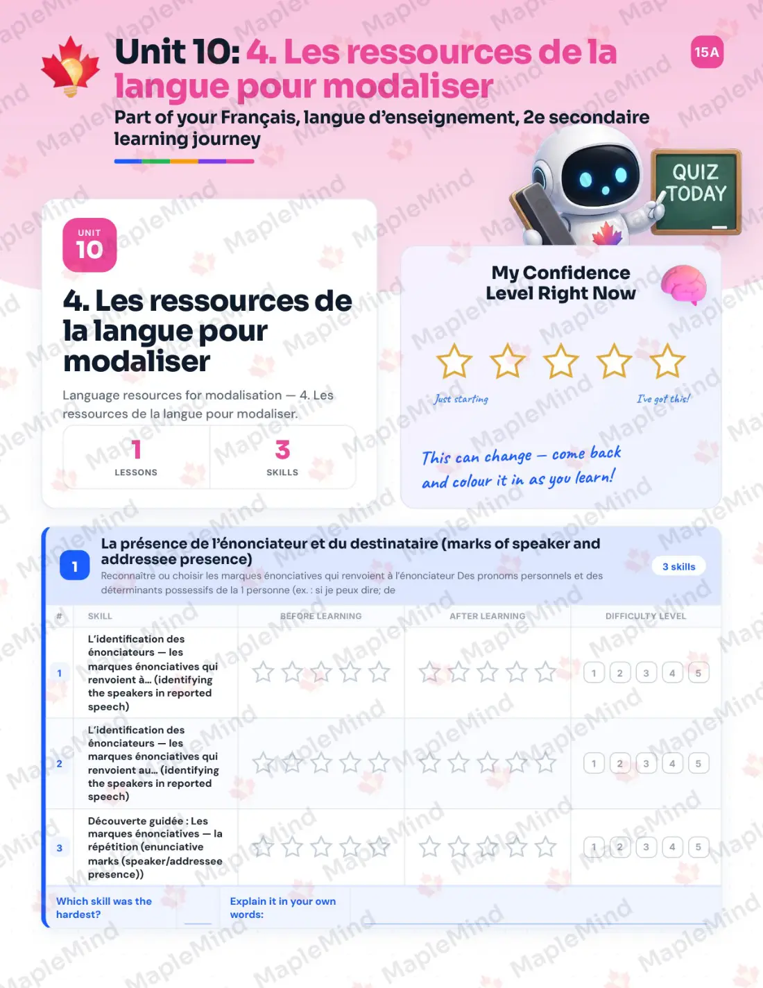 Page 44 of 57 from the Français, langue d’enseignement, 2e secondaire Quebec Course Companion — skills tracker with before and after self-assessment