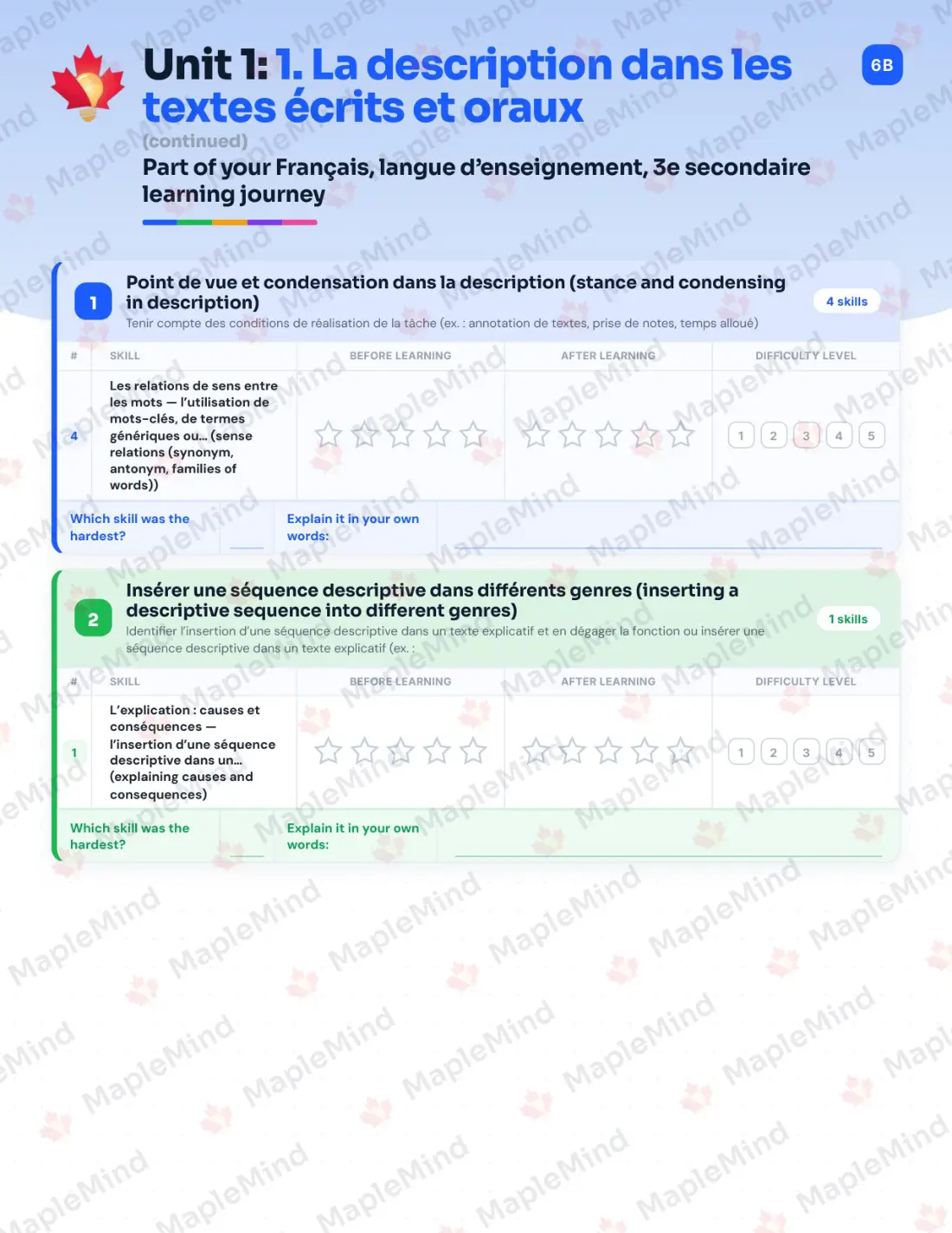 Page 9 of 62 from the Français, langue d’enseignement, 3e secondaire Quebec Course Companion — skills tracker with before and after self-assessment