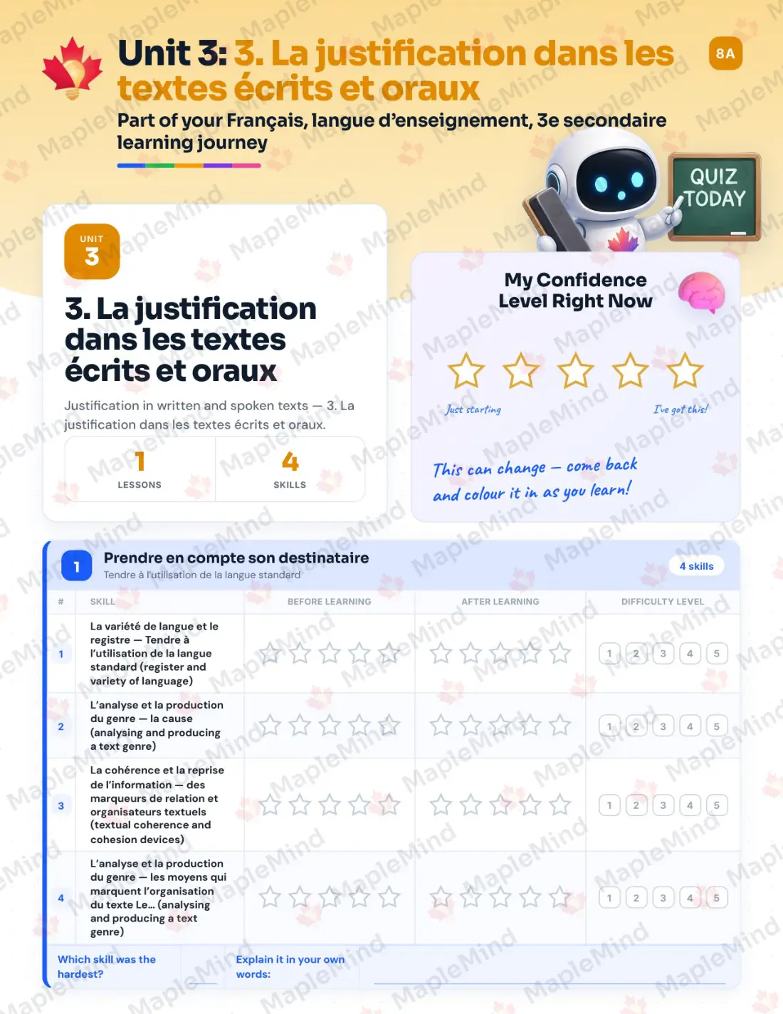Page 18 of 62 from the Français, langue d’enseignement, 3e secondaire Quebec Course Companion — skills tracker with before and after self-assessment