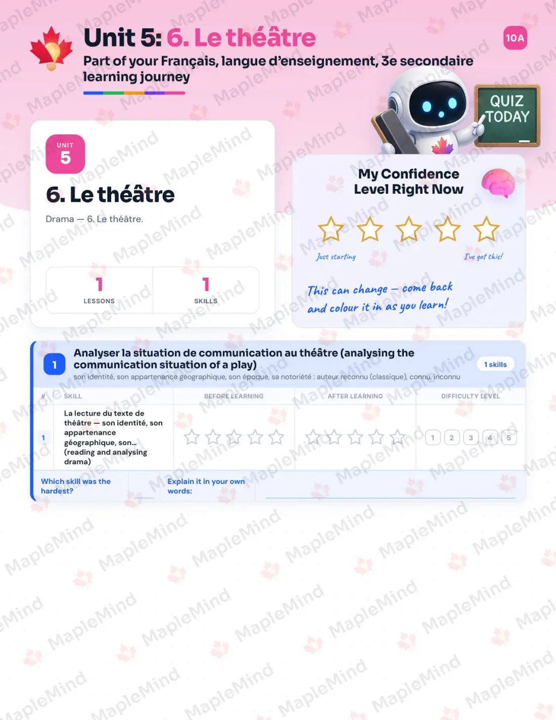 Page 26 of 62 from the Français, langue d’enseignement, 3e secondaire Quebec Course Companion — skills tracker with before and after self-assessment