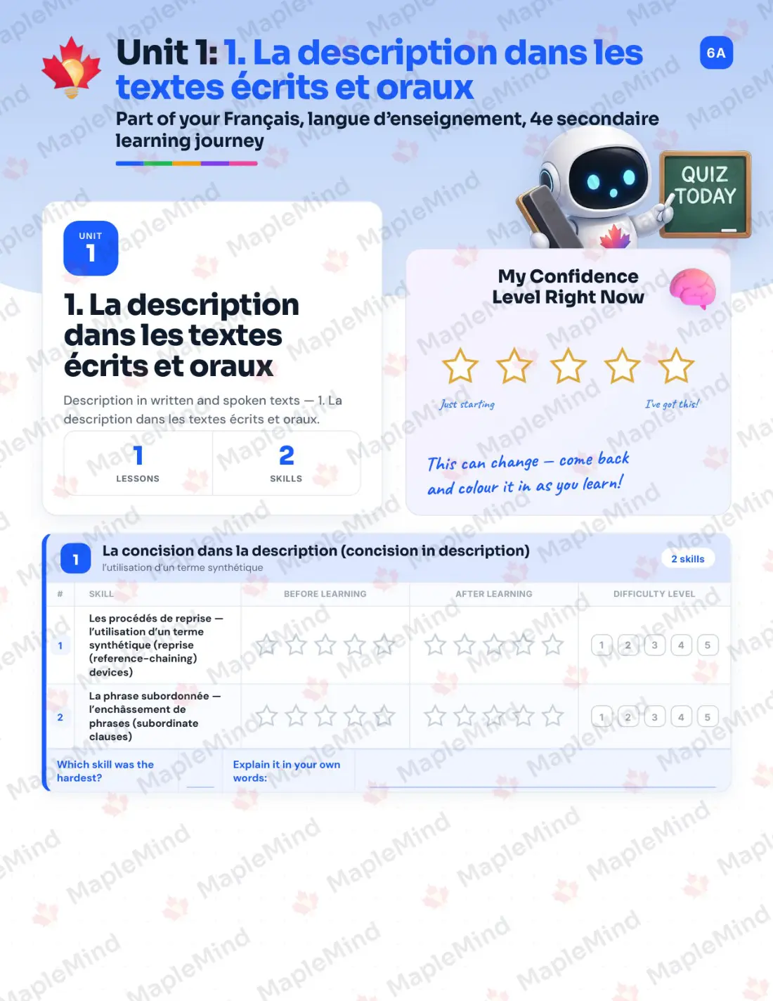 Page 8 of 64 from the Français, langue d’enseignement, 4e secondaire Quebec Course Companion — skills tracker with before and after self-assessment