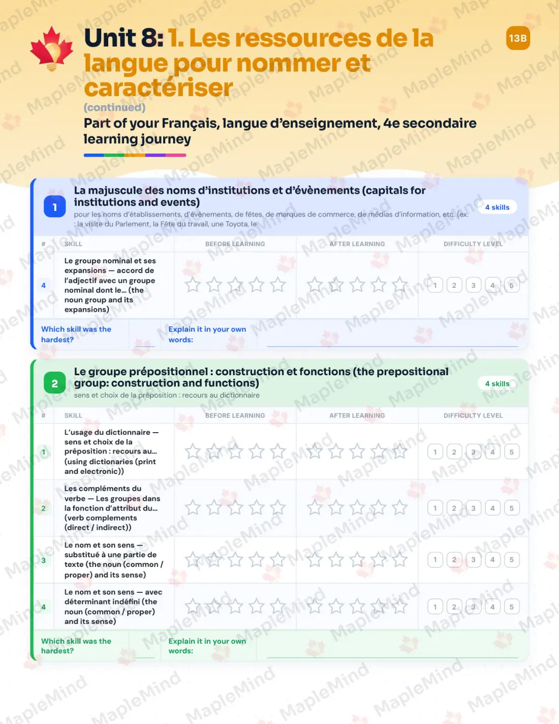 Page 38 of 64 from the Français, langue d’enseignement, 4e secondaire Quebec Course Companion — skills tracker with before and after self-assessment