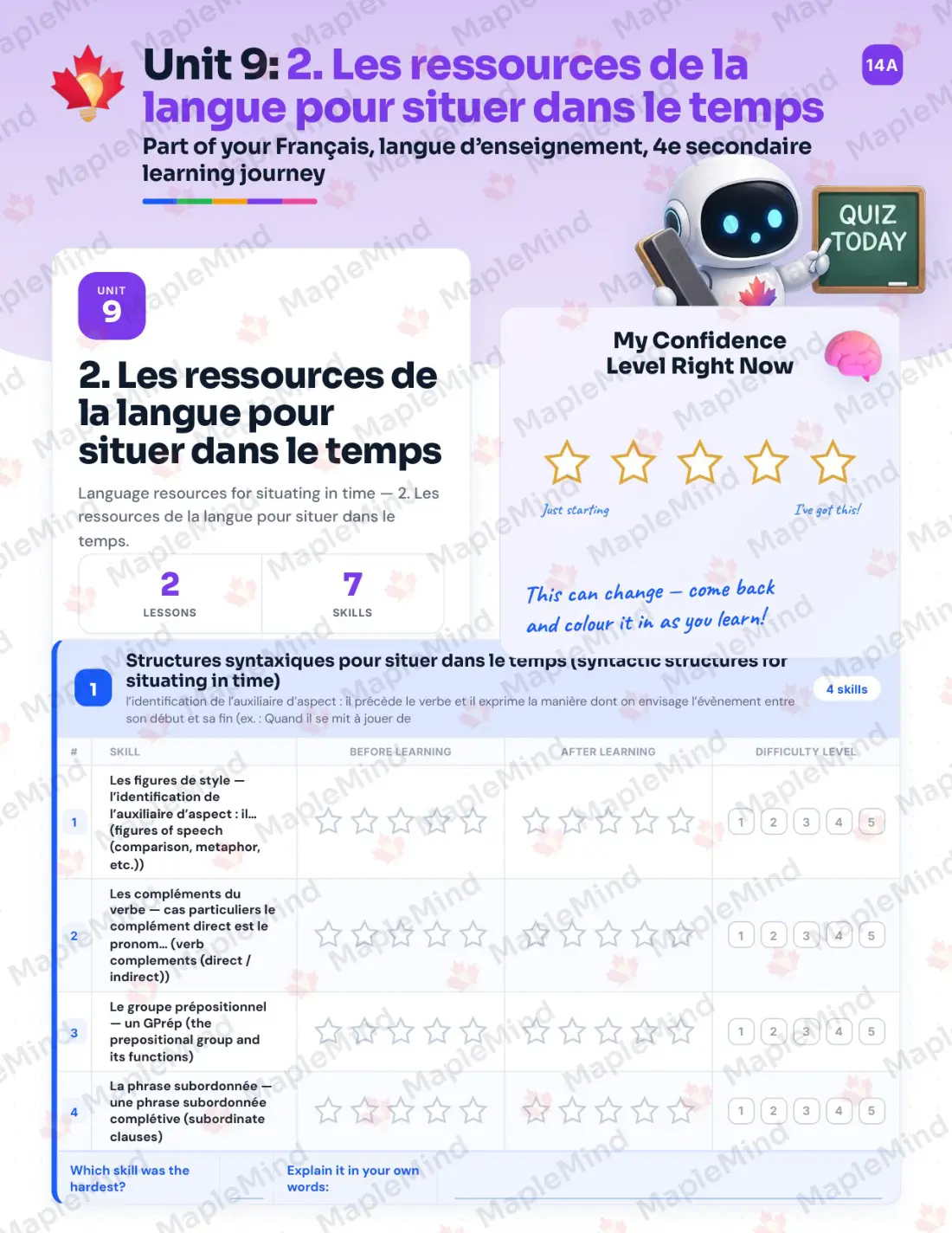 Page 42 of 64 from the Français, langue d’enseignement, 4e secondaire Quebec Course Companion — skills tracker with before and after self-assessment