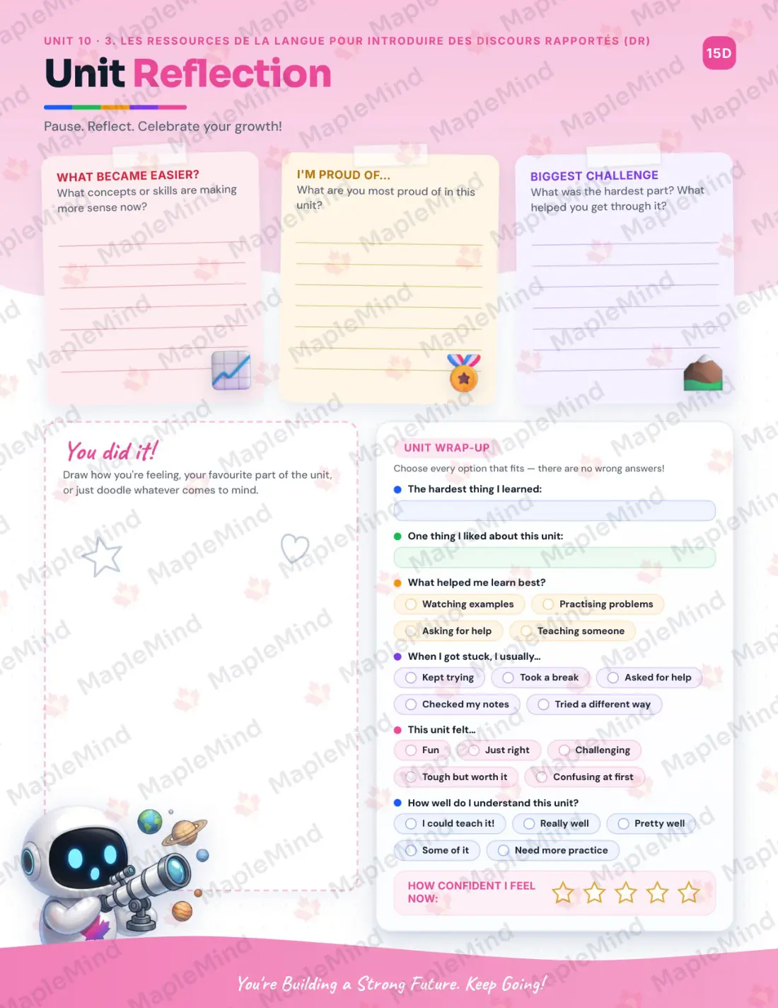 Page 49 of 64 from the Français, langue d’enseignement, 4e secondaire Quebec Course Companion — skills tracker with before and after self-assessment