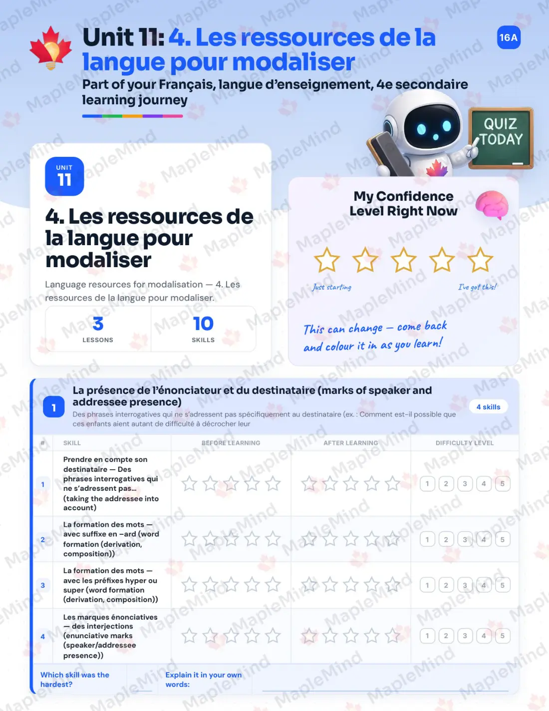 Page 50 of 64 from the Français, langue d’enseignement, 4e secondaire Quebec Course Companion — skills tracker with before and after self-assessment