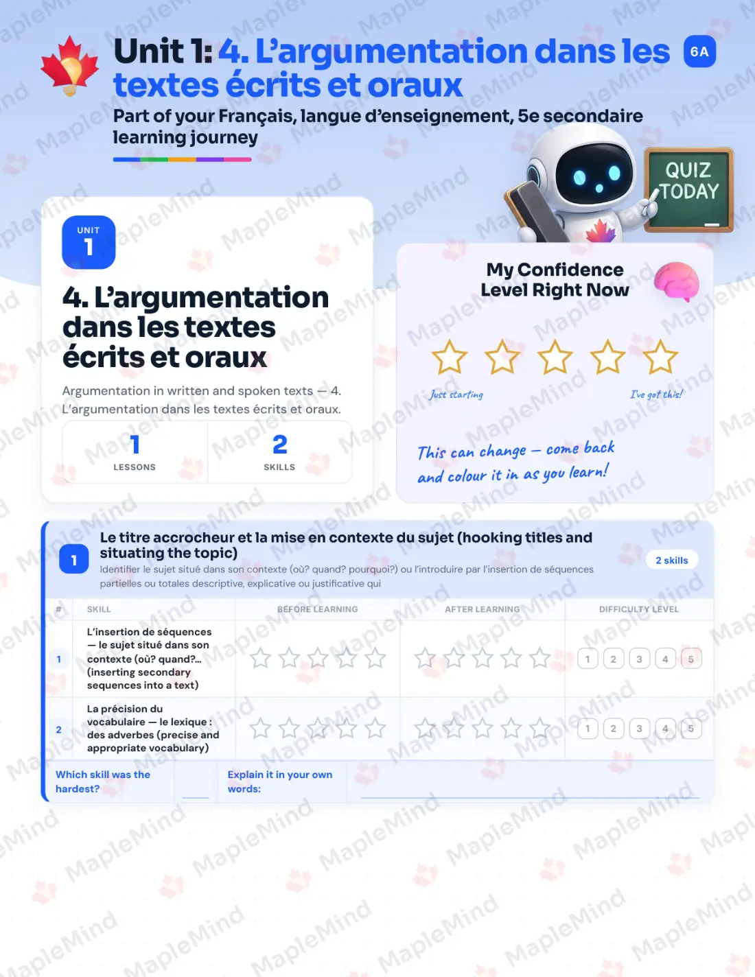 Page 6 of 37 from the Français, langue d’enseignement, 5e secondaire Quebec Course Companion — skills tracker with before and after self-assessment