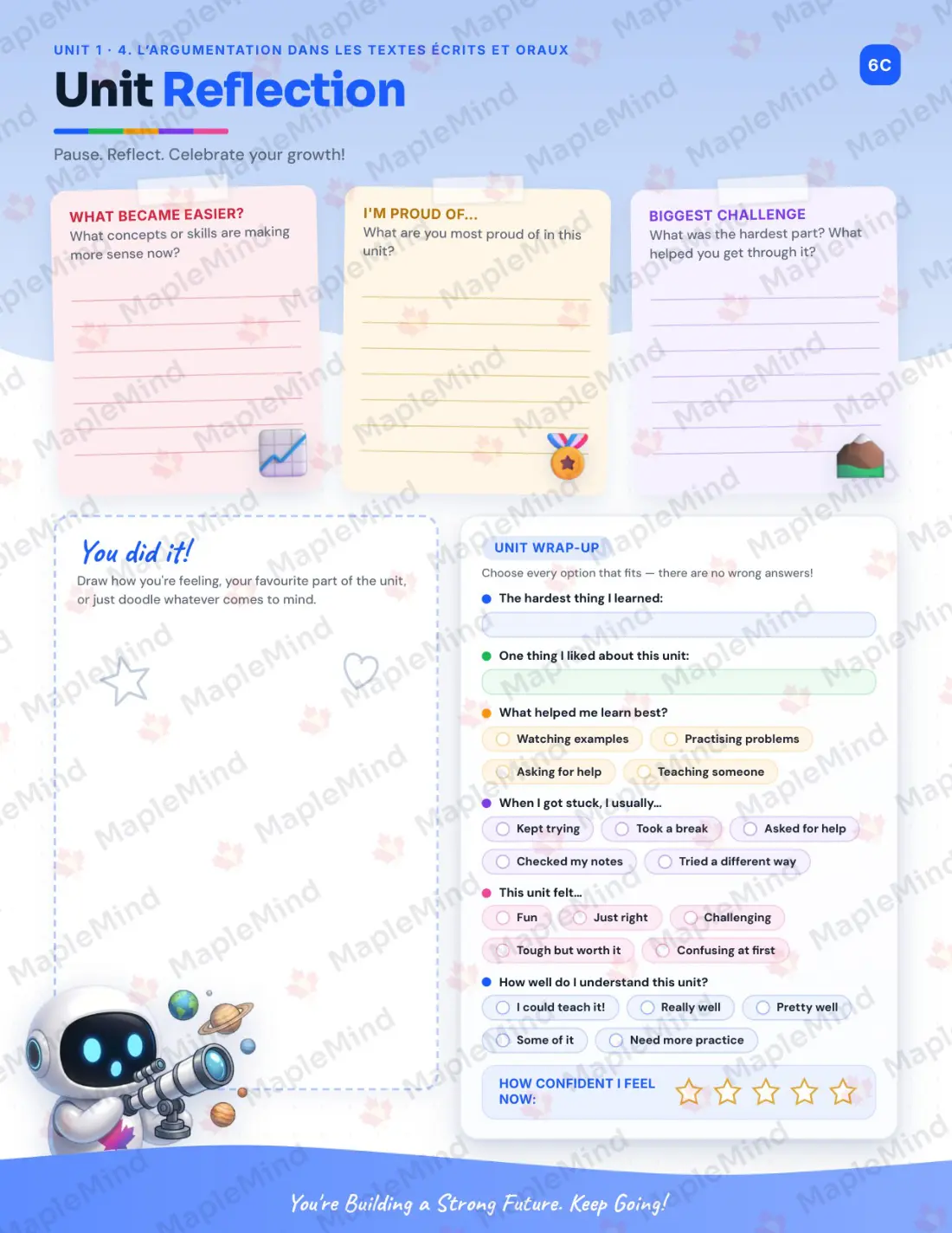 Page 8 of 37 from the Français, langue d’enseignement, 5e secondaire Quebec Course Companion — skills tracker with before and after self-assessment