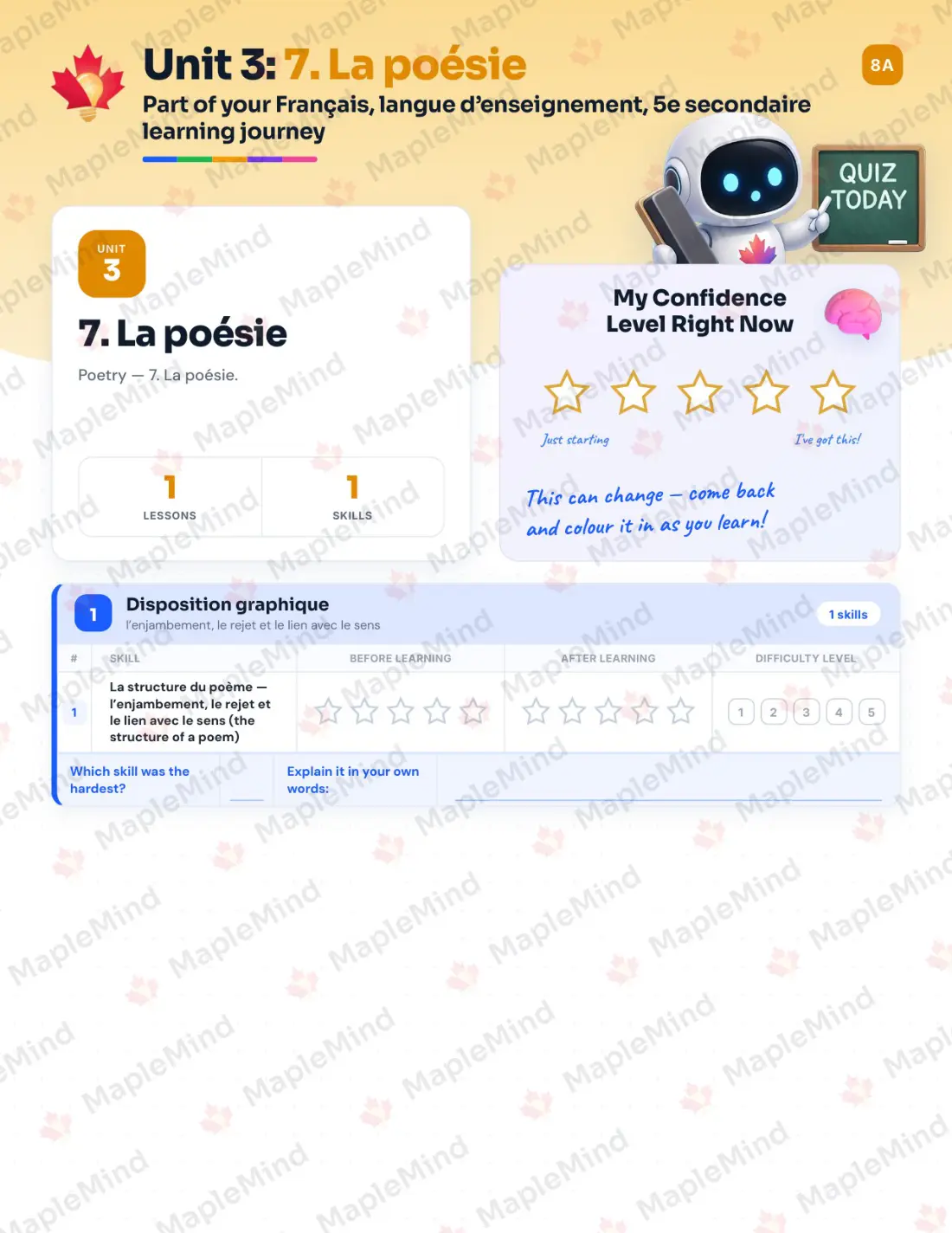 Page 12 of 37 from the Français, langue d’enseignement, 5e secondaire Quebec Course Companion — skills tracker with before and after self-assessment
