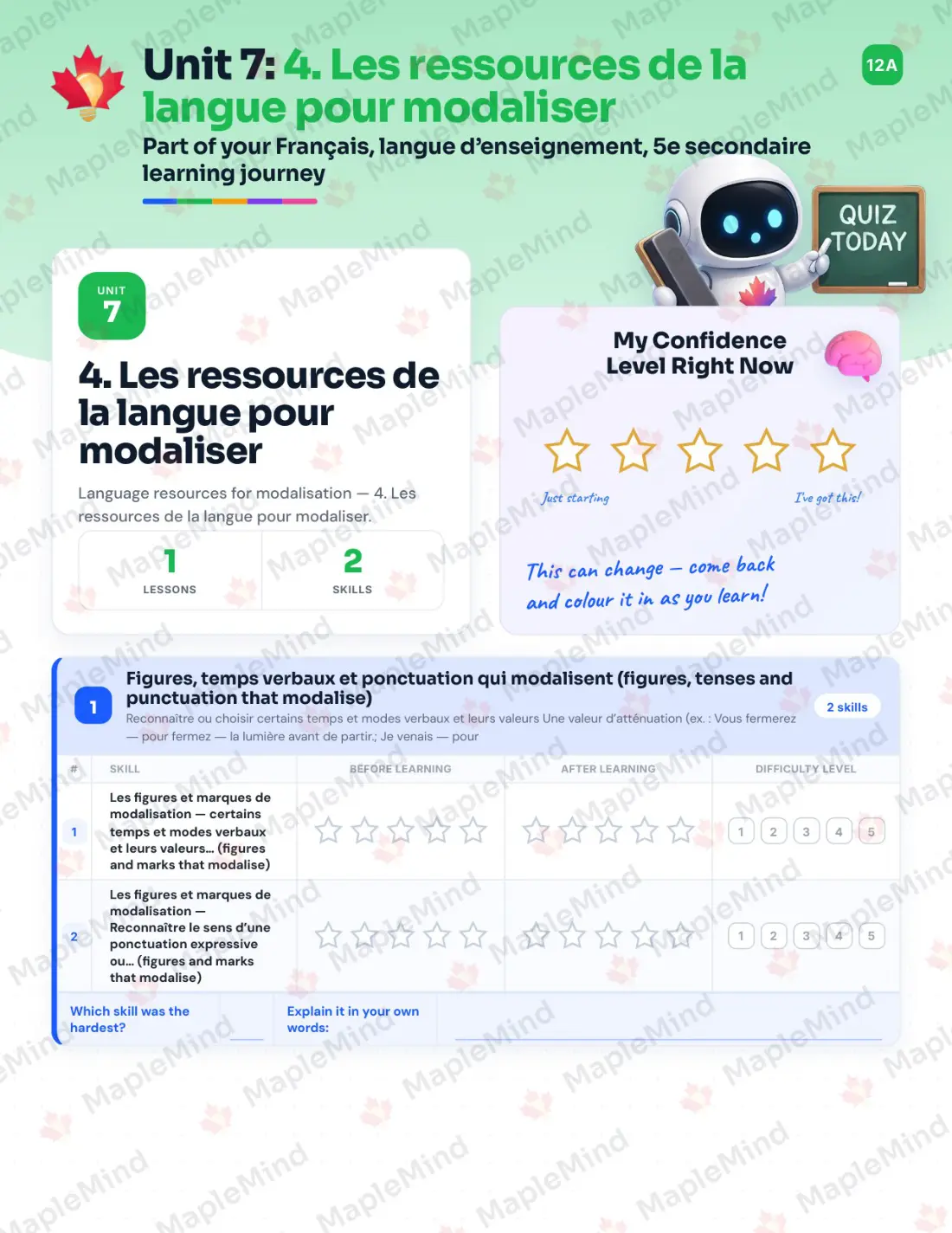 Page 25 of 37 from the Français, langue d’enseignement, 5e secondaire Quebec Course Companion — skills tracker with before and after self-assessment