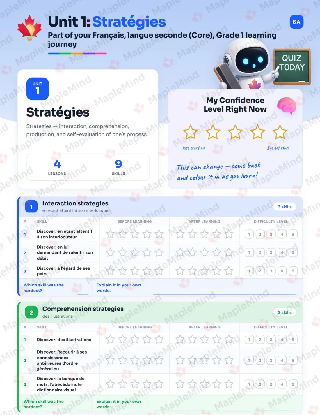 Page 7 of 37 from the Français, langue seconde (Core), Grade 1 Quebec Course Companion — skills tracker with before and after self-assessment