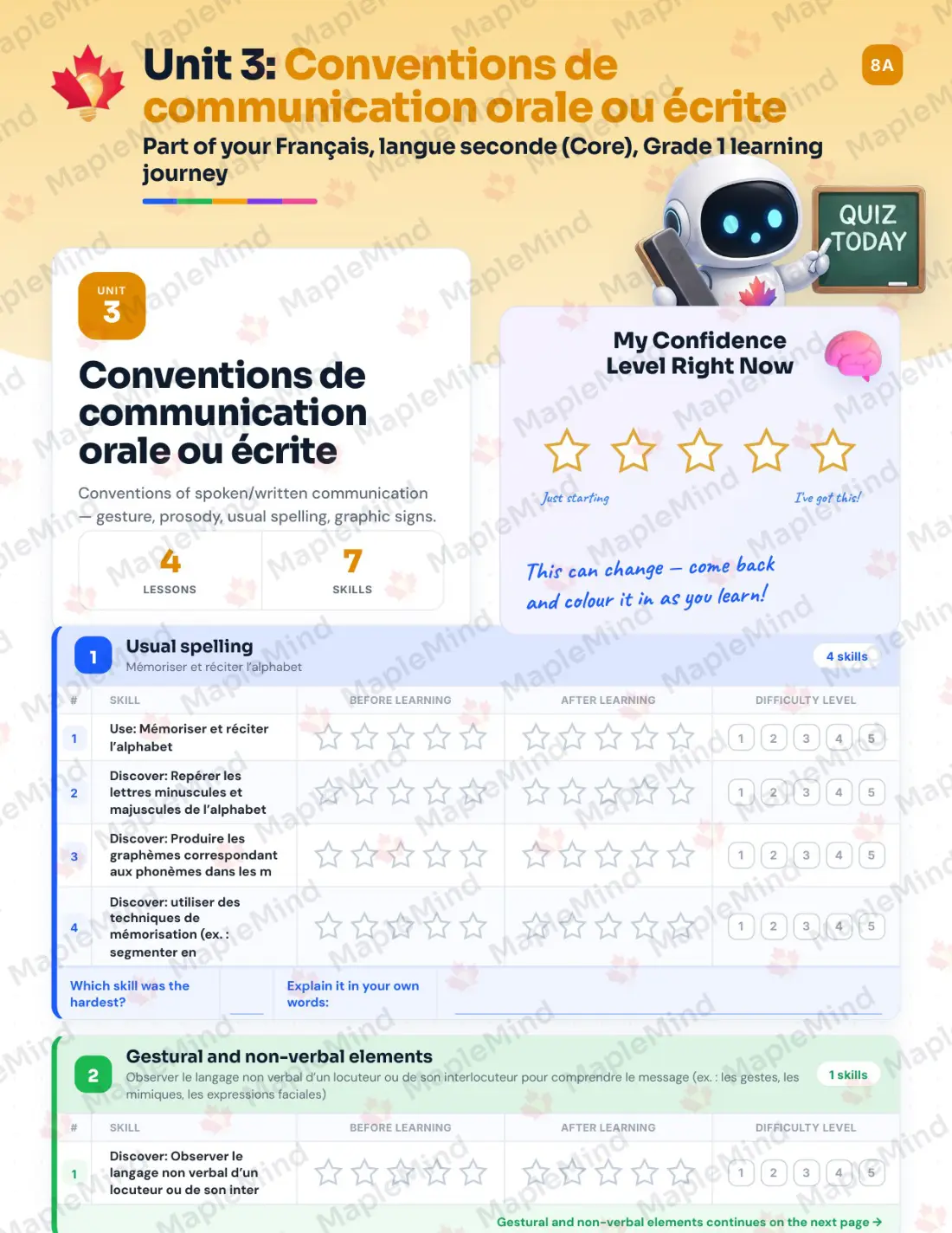 Page 16 of 37 from the Français, langue seconde (Core), Grade 1 Quebec Course Companion — skills tracker with before and after self-assessment