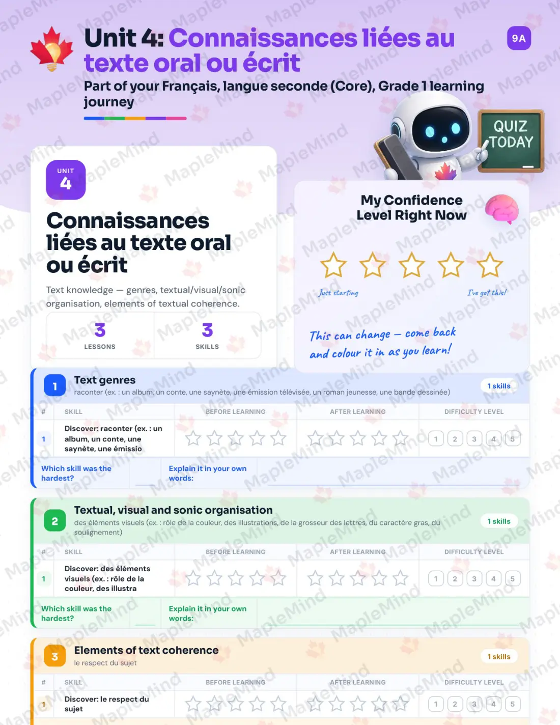 Page 20 of 37 from the Français, langue seconde (Core), Grade 1 Quebec Course Companion — skills tracker with before and after self-assessment