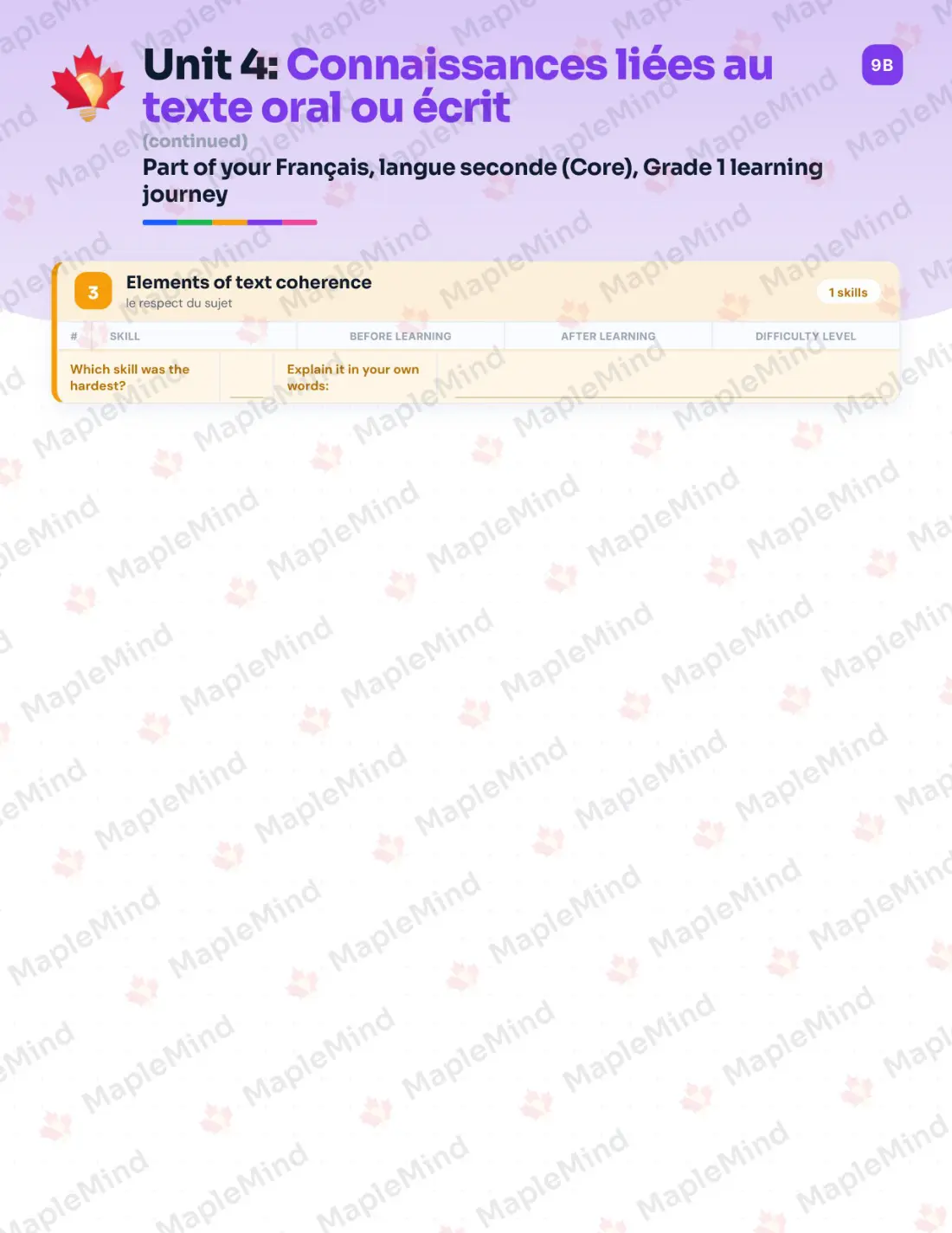 Page 21 of 37 from the Français, langue seconde (Core), Grade 1 Quebec Course Companion — skills tracker with before and after self-assessment