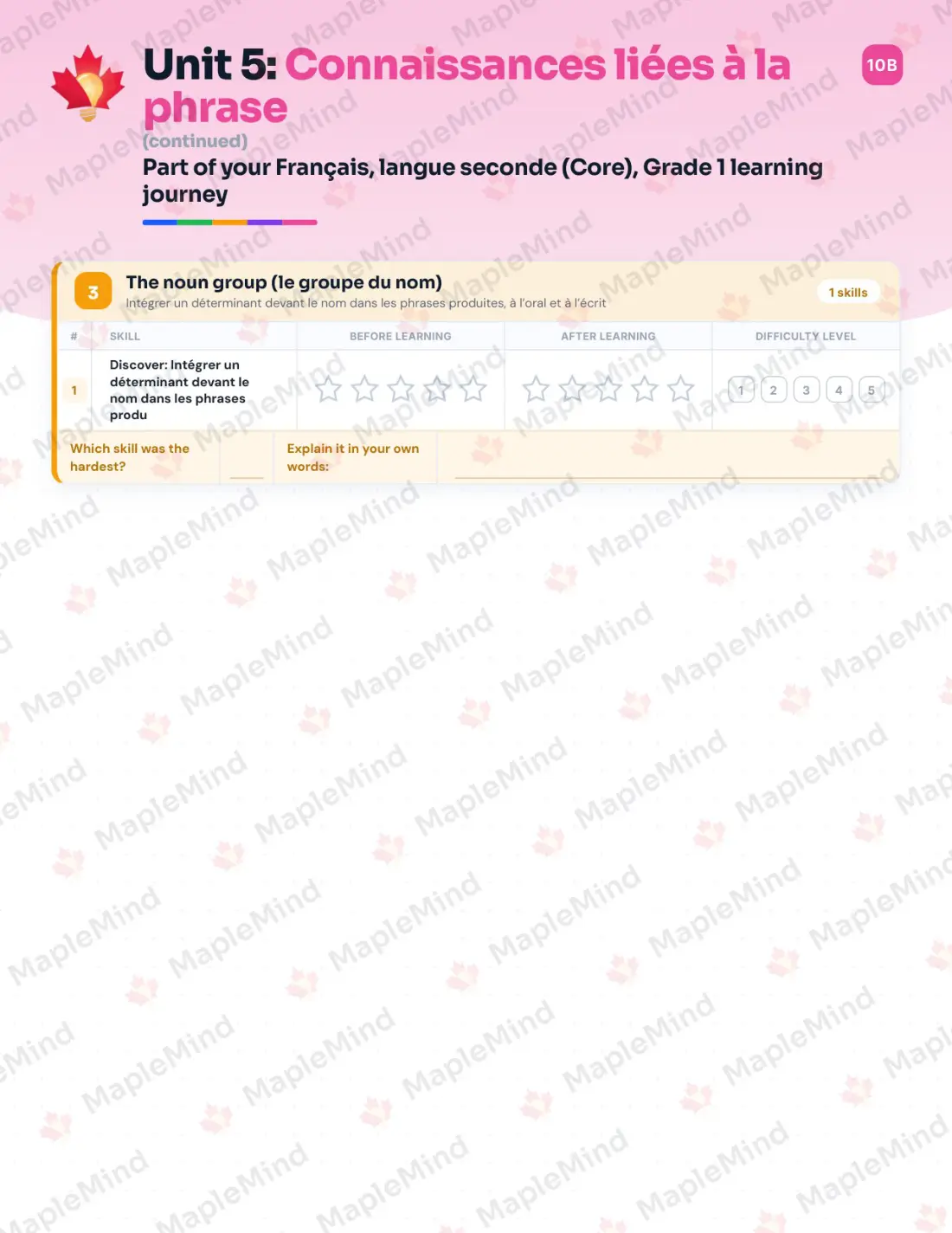 Page 25 of 37 from the Français, langue seconde (Core), Grade 1 Quebec Course Companion — skills tracker with before and after self-assessment