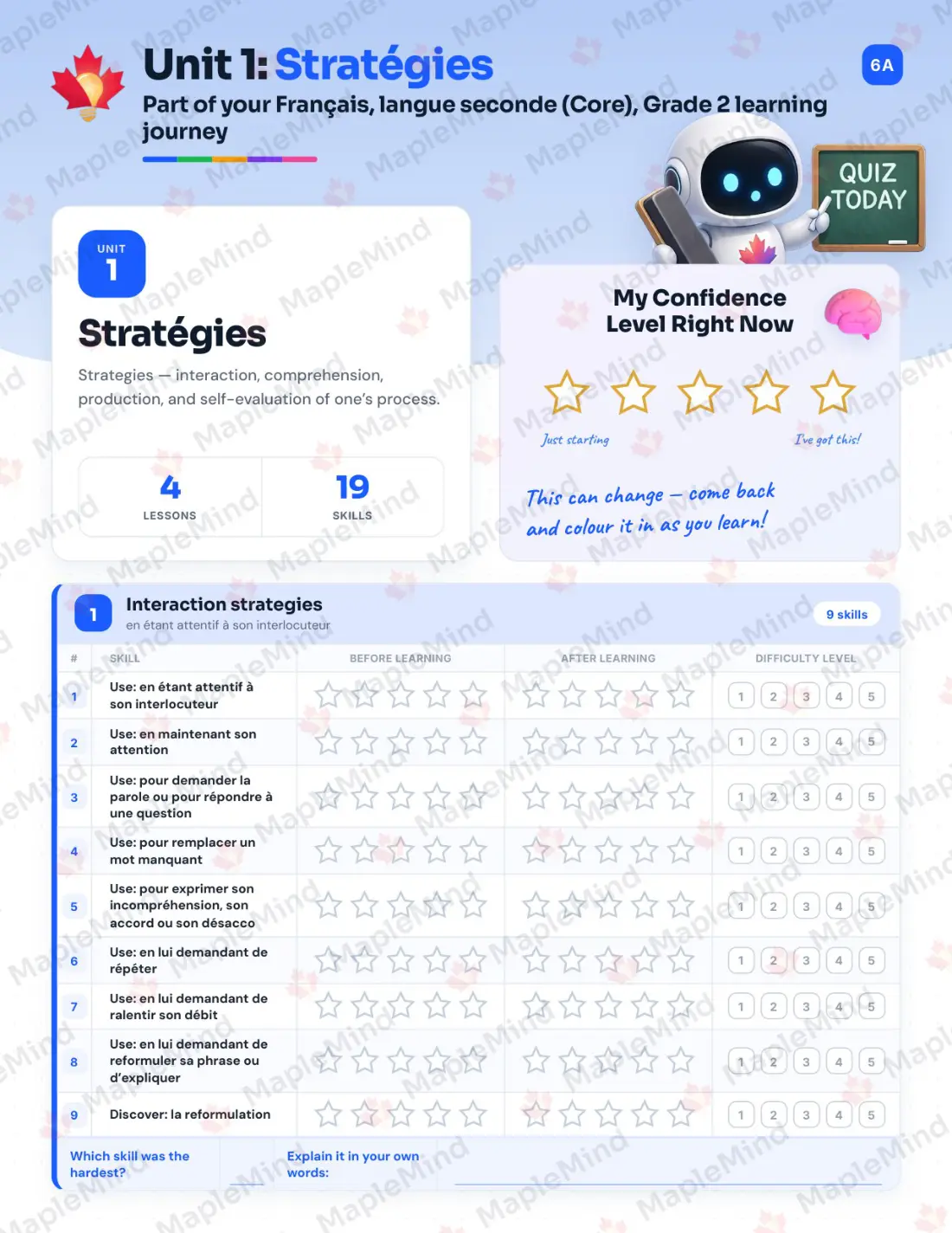 Page 7 of 35 from the Français, langue seconde (Core), Grade 2 Quebec Course Companion — skills tracker with before and after self-assessment