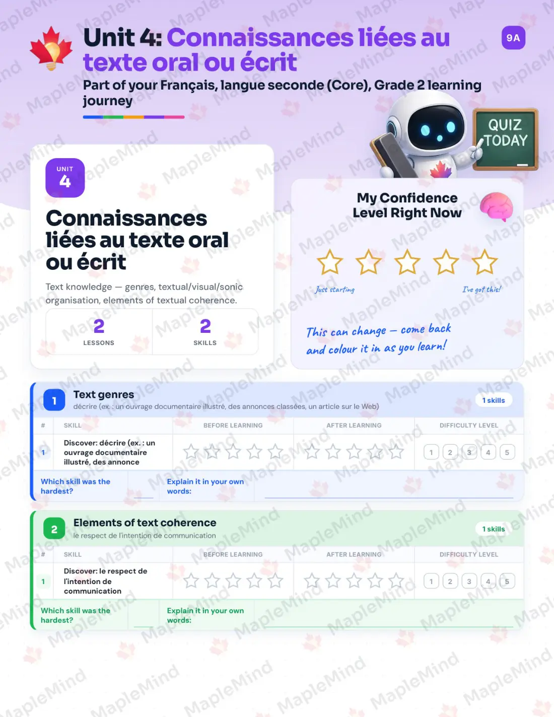 Page 19 of 35 from the Français, langue seconde (Core), Grade 2 Quebec Course Companion — skills tracker with before and after self-assessment