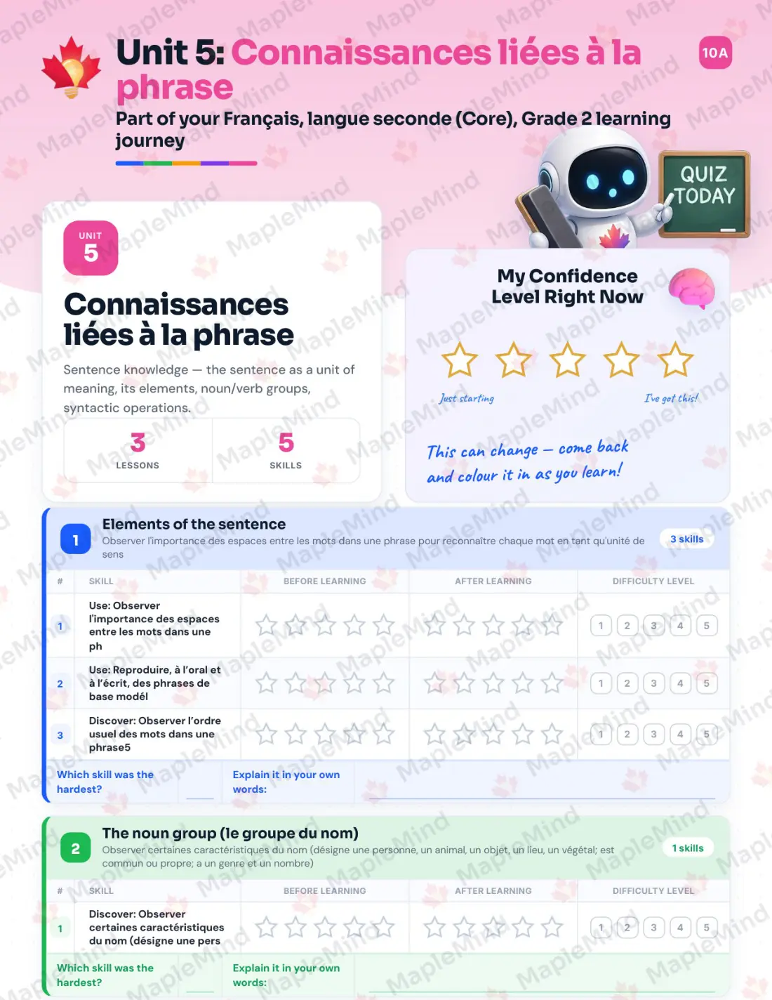 Page 22 of 35 from the Français, langue seconde (Core), Grade 2 Quebec Course Companion — skills tracker with before and after self-assessment