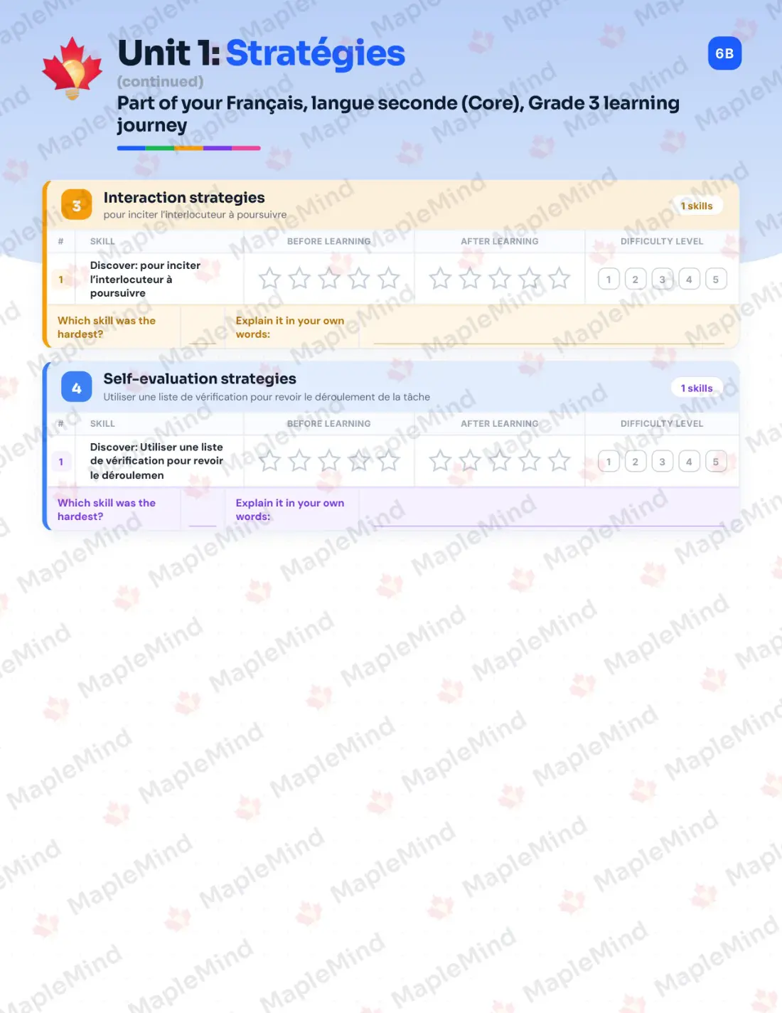 Page 8 of 35 from the Français, langue seconde (Core), Grade 3 Quebec Course Companion — skills tracker with before and after self-assessment